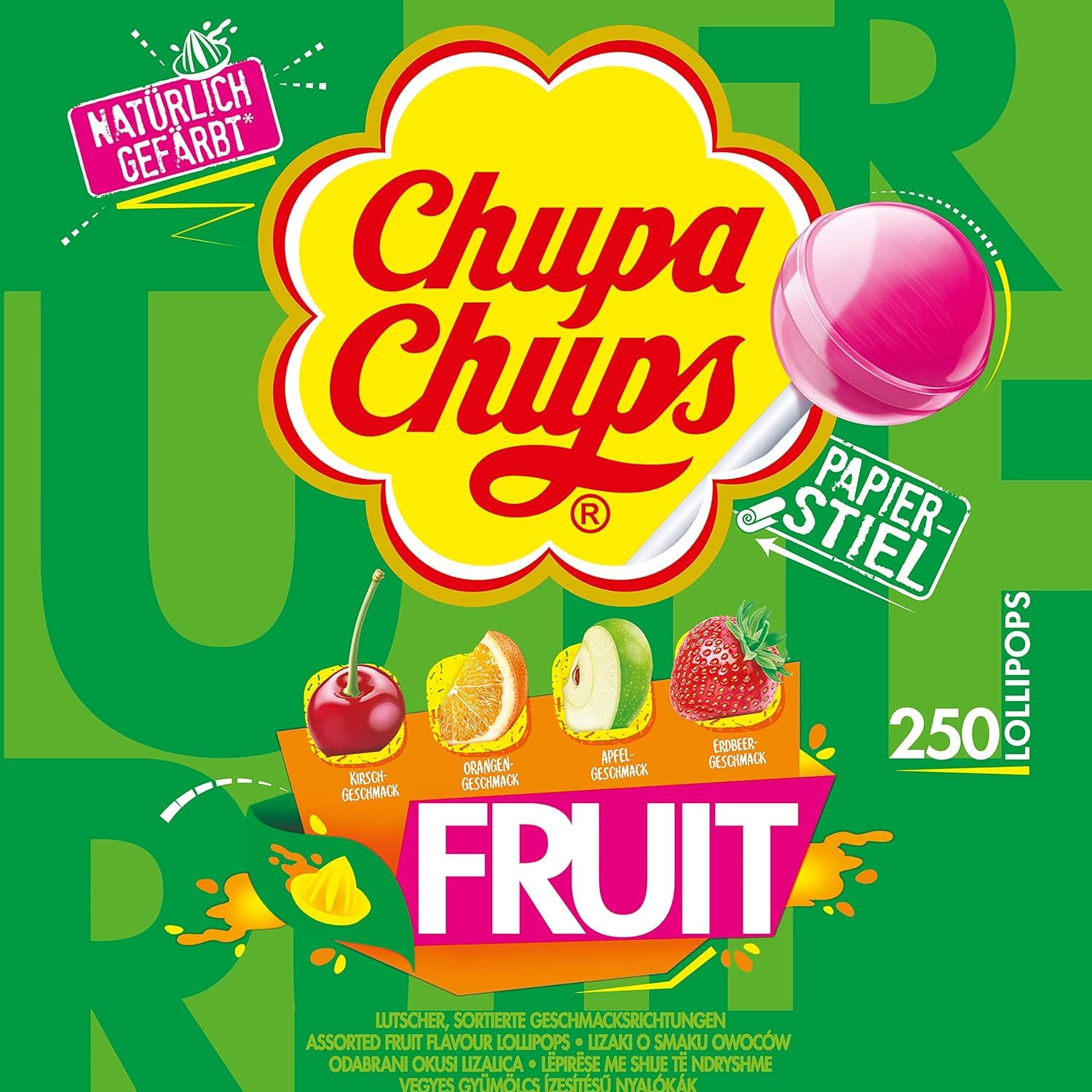 Chupa Chups Lollipops Fruit, Sucettes de Fruits, Pomme, Fraise, Orange, Cerise, 250 Pièces, 3 kg