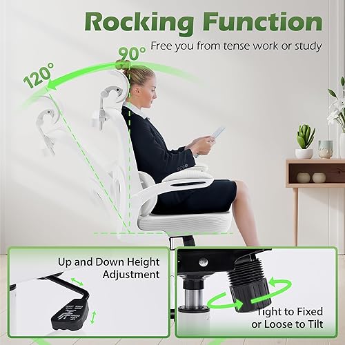 Miniatura 6 de Silla de Oficina Ergonómica con Soporte Lumbar Ajustable y Gancho para Reposacabezas, Silla de Malla Transpirable de Respaldo Alto con Ruedas, Silla