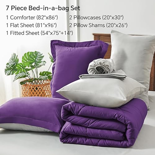 Miniatura 5 de BEDELITE Juego de edredón tamaño matrimonial de 7 piezas en una bolsa, juego de cama reversible de microfibra suave color morado con edredones,