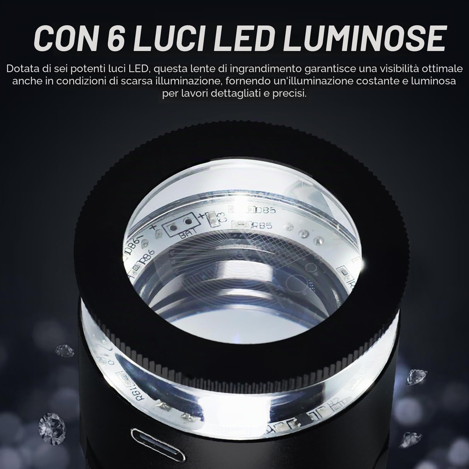 Lente d'ingrandimento ricaricabile per gioiellieri, 10 x con luci a LED e 3 scale a reticolo, campo visivo da 25 mm, messa a fuoco regolabile, lente d'ingrandimento a LED per gemme, monete, orologi