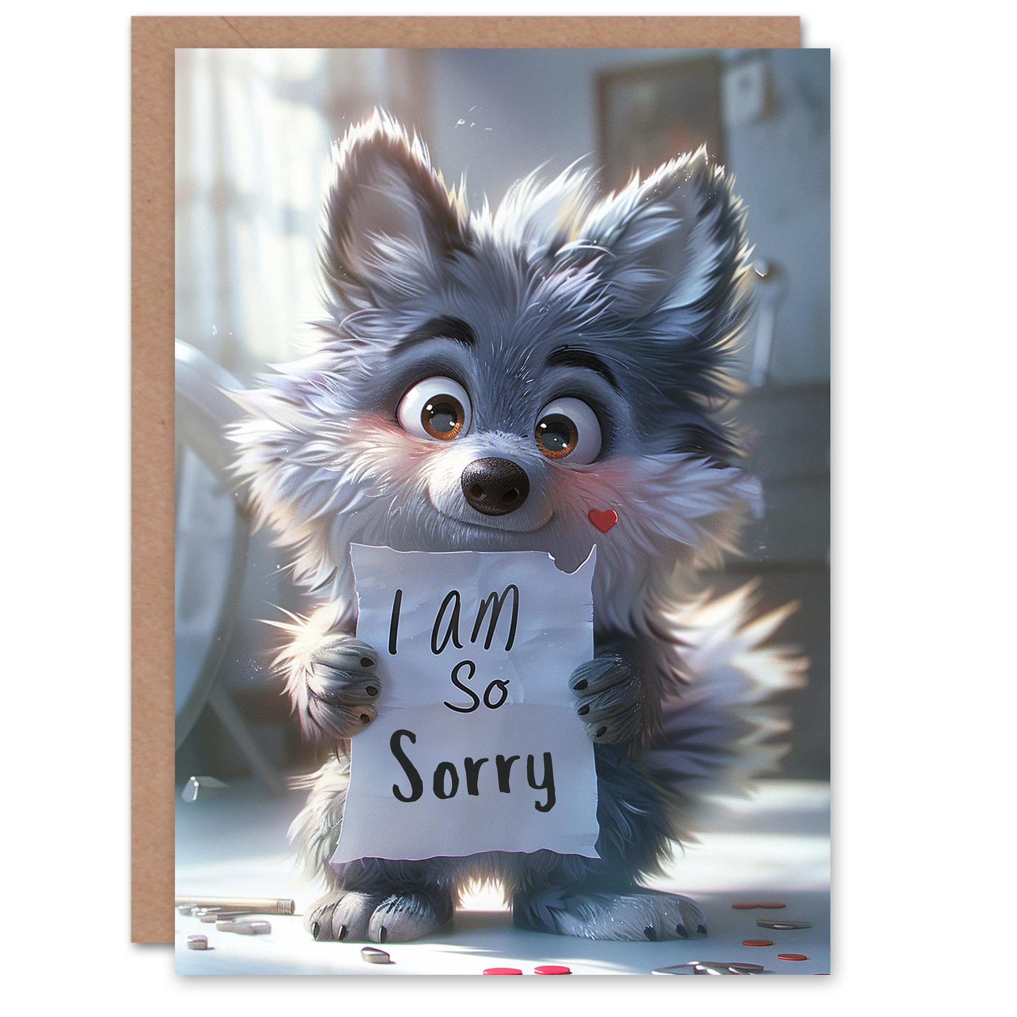 Artery8 Apology Card Cute Wolf Puppy Holding So Sorry Sign Cartoon Blank Arty Art All Occasion Greeting Card