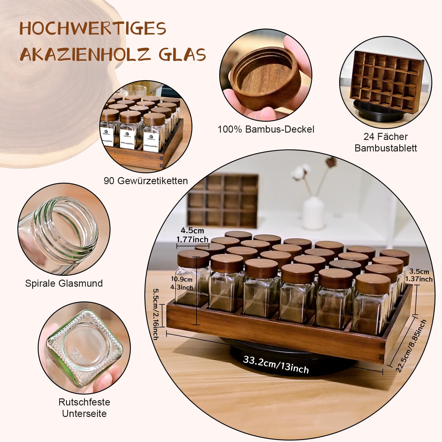 SAEIV Gewürzregal Holz Akazienholz Tablett-Gewürzständer 24x120ml Spice Jars Gewürzgläser Eckig Spice Rack Gewürzgläser Gewürz Organizer mit Edelstahltrichter,Etiketten für Küche&Esstisch
