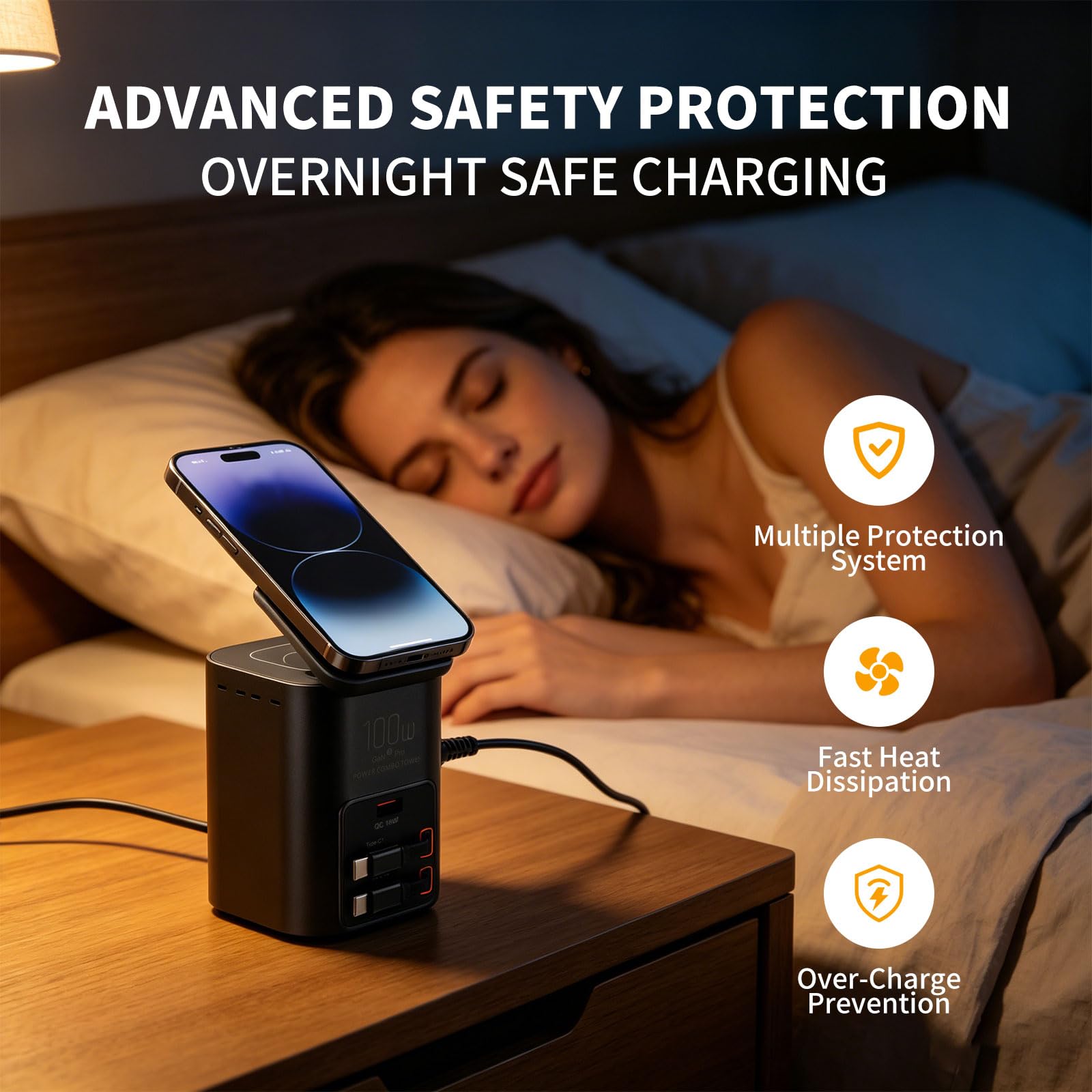 Stazione di ricarica da tavolo multifunzione da 100 W, caricabatterie wireless con doppio cavo USB-C retrattile da 75 cm, USB-A QC3.0, ricarica rapida per laptop, telefoni, auricolari