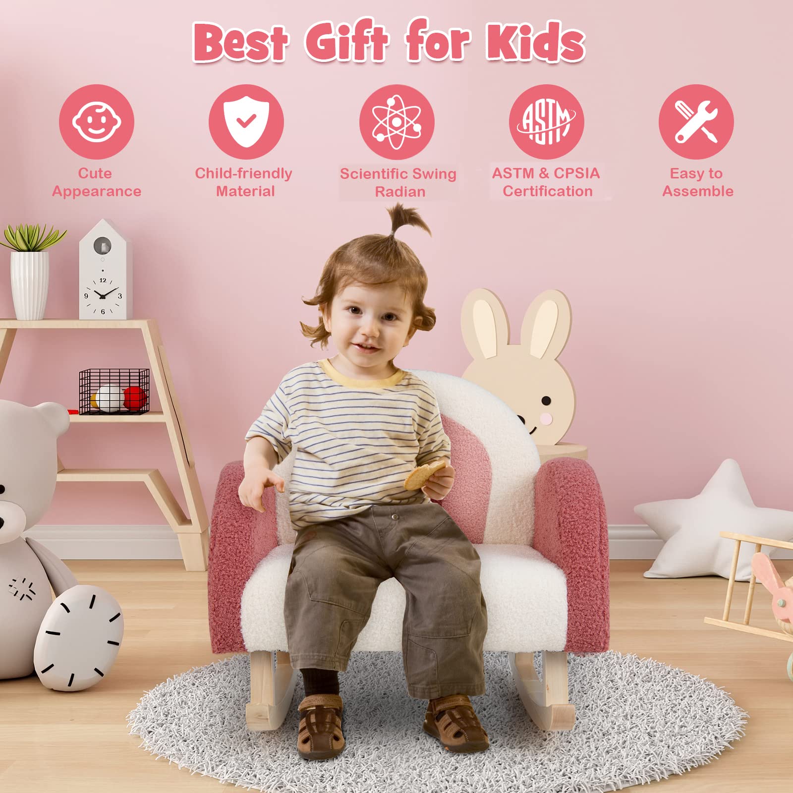 LIFEZEAL Kindersofa Schaukelstuhl, Kindersessel aus Teddy Samtmaterial & Massivholzbeinen, Mini Sofa für Mädchen & Junge, Kinderstuhl für Kleinkinder 3–5 Jahre (rosa)