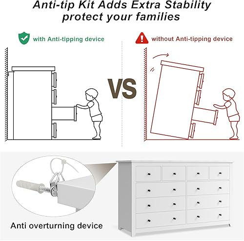 Miniatura 7 de EnHomee Cómoda de 10 cajones para dormitorio, cómoda grande y cómoda para dormitorio, cómoda moderna de madera blanca para ropa y suministros de