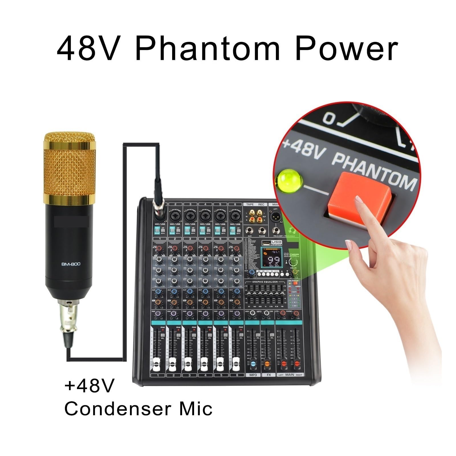 DJ-Audiomixer 6-Mono-Kanal-Mischpult, Monitor, Low Cut, 99 DSP-Effekt-PAD, Bluetooth-Audio-Sound-Mixer, 7-Band-EQ, USB-Aufnahme