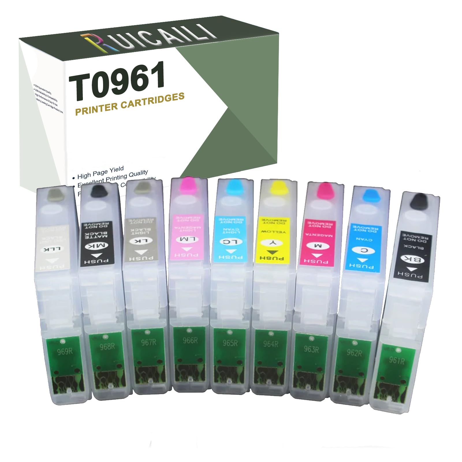 T0961-T0969 Tintenpatrone, 9 Farben, kompatibel mit Epson T0961, Ersatz für Eingabestift R2880,9 Pack (BK, C, M, Y, LC, LM, LK, MBK, LLK)