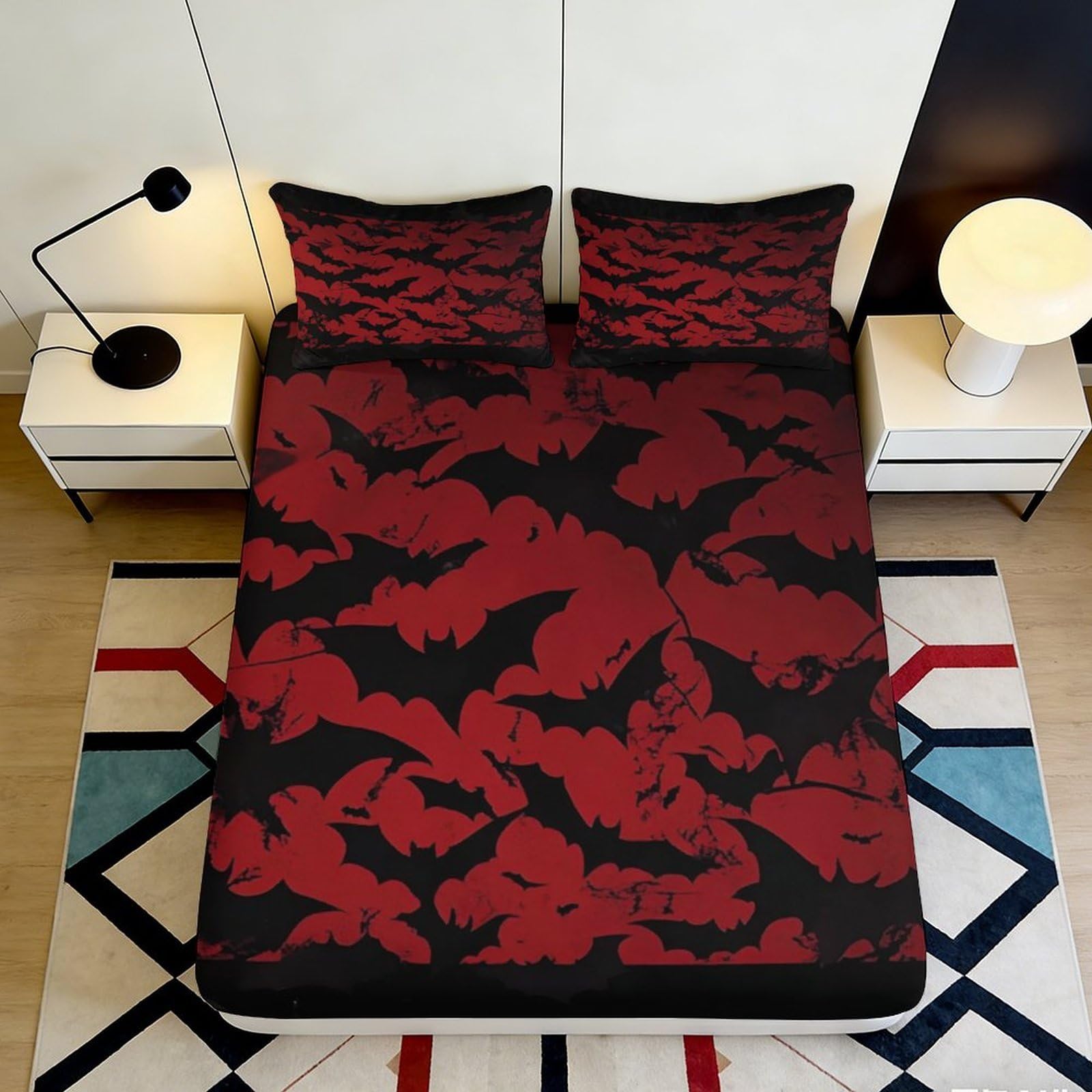 3D Printed Vampire Bat Fitted Sheet Microfiber Red Black Gothic Halloween Bed Cover for Bedroom Dorm Décor Mattress Protection 90x200x25cm