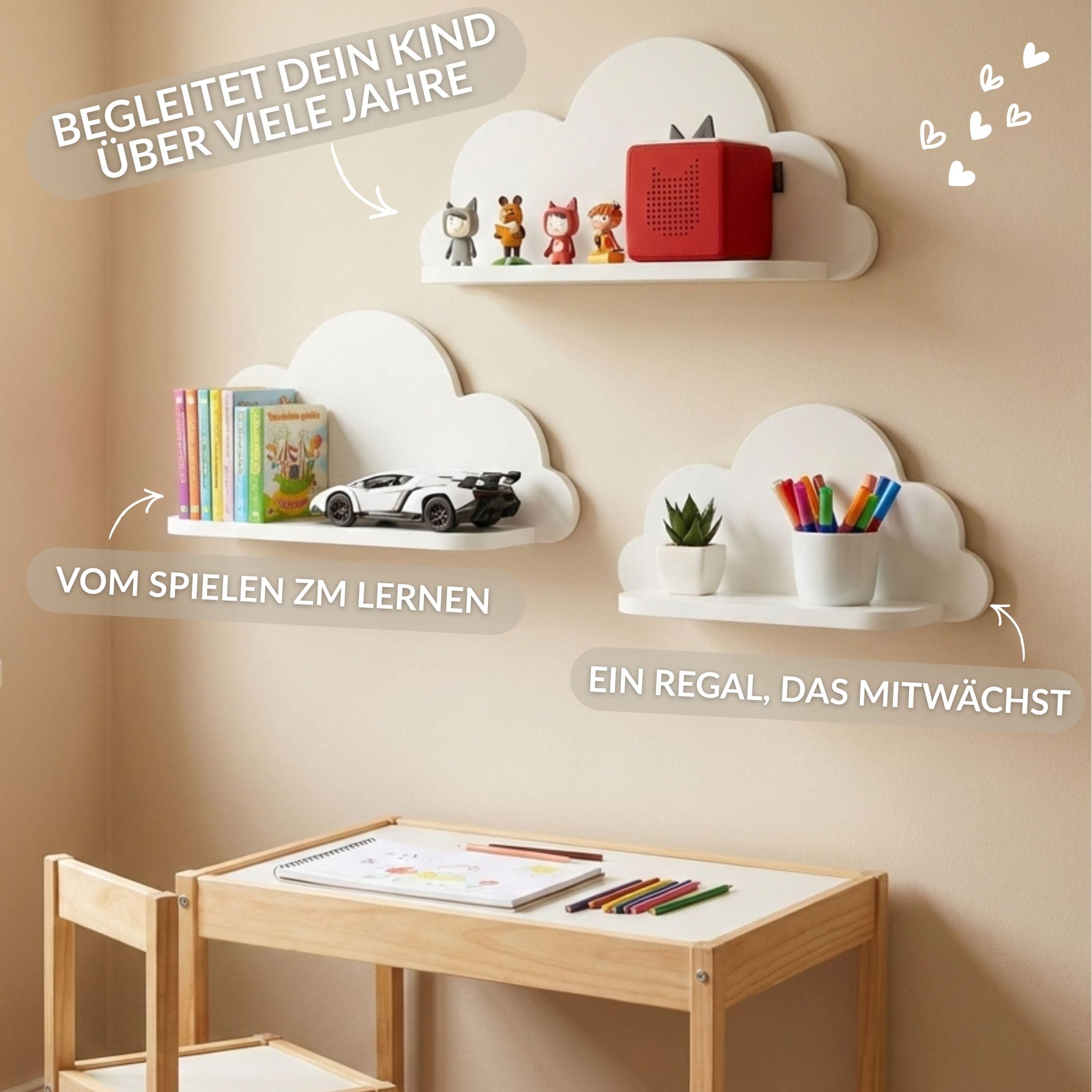 Wolkenregal 3er Set Holz – weiß, pflegeleicht & stilvoll | einfache Montage, nachhaltig & langlebig | Zeitloses Design, Designed in Deutschland | Babyzimmer Deko | Ideales Geschenkset