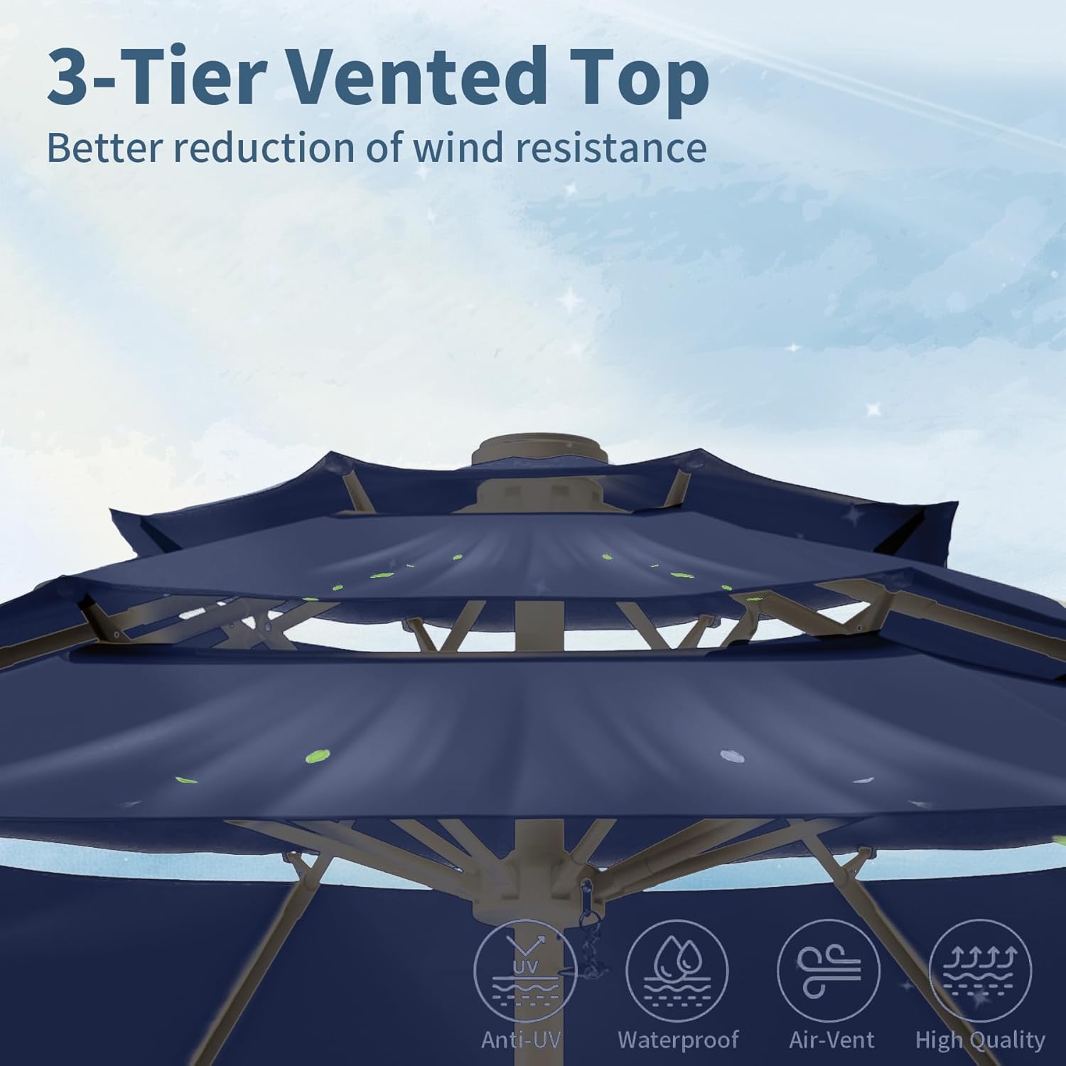 9FT 3 Tiers Patio Umbrella With Auto Tilt And Crank, Outdoor Table Market Umbrella with 8 Sturdy Ribs for Garden, Lawn, Deck, Backyard and Pool - Image 2