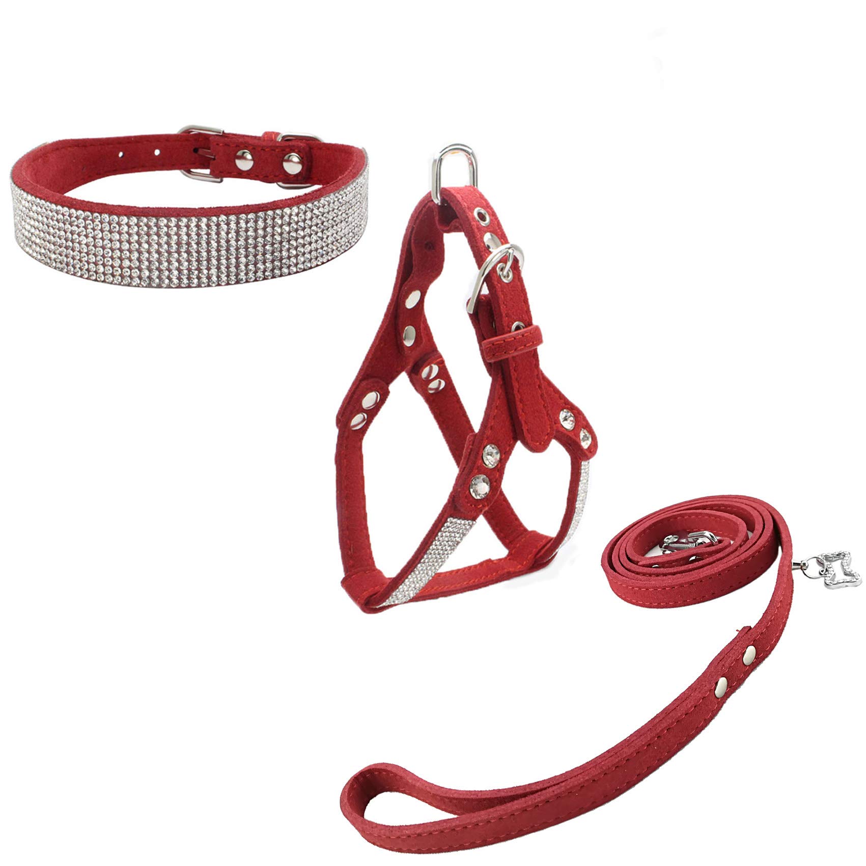 Newtensina Dog Collar & Harness & Leash Sets Fashion Diamante Dog Collar with Harness & Leads Harness & Comfortable Microfiber Storage for Dogs