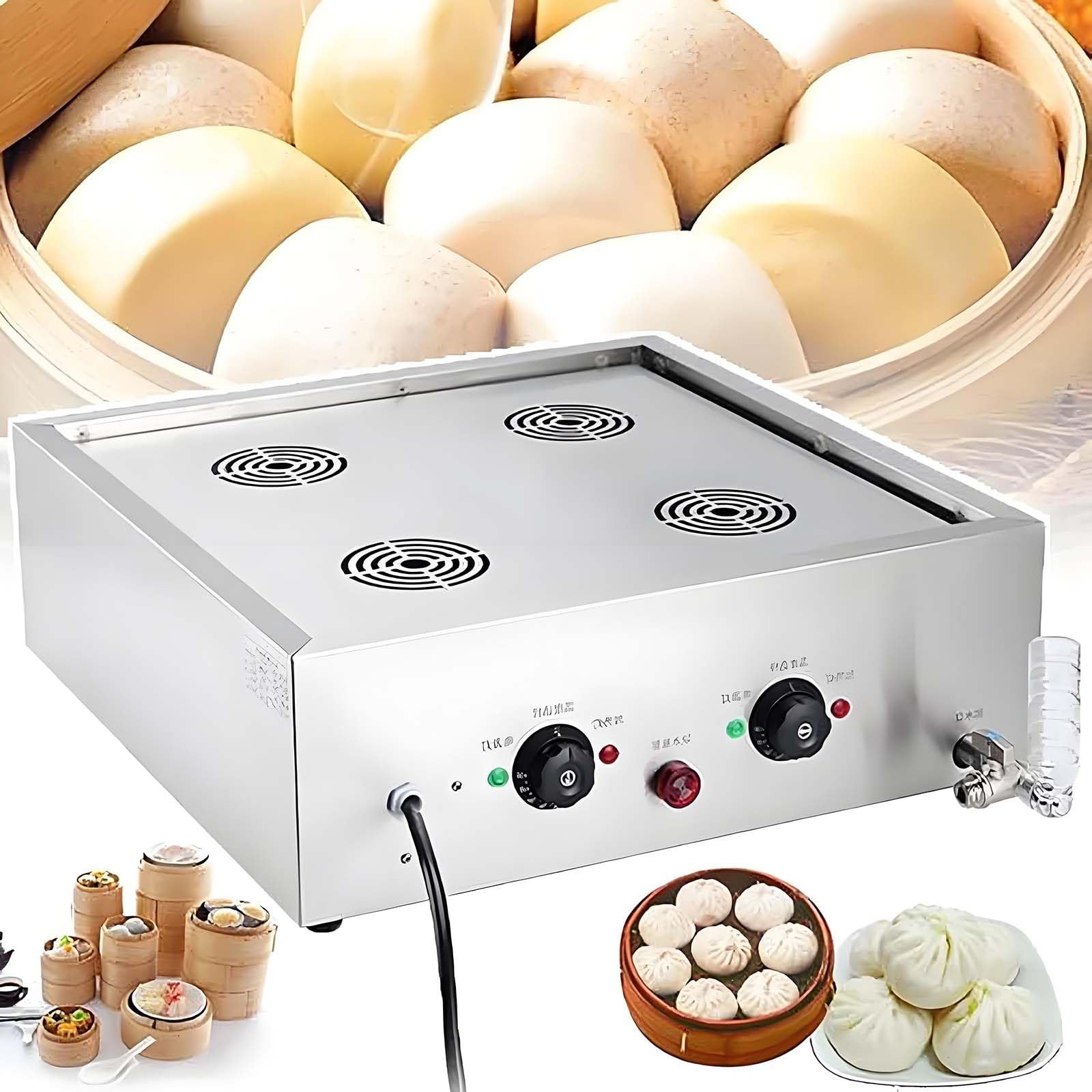 GUTYGIO Stainless Steel Steamed Bun Machine, Commercial Food Bread Buns Steaming Steamer with 30-110℃ Temperature, Dry Boiling Alarm and Independent Water Supply for Restaurant Store Home 4holes