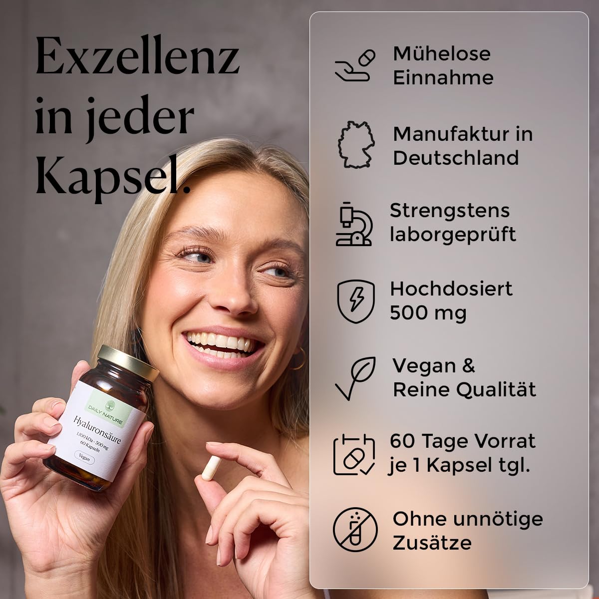 DAILY NATURE® Premium Hyaluronsäure I 60 Kapseln hochdosiert I 500 mg Natrium Hyaluronat pro Kapsel I 1.100 kDa I vegan & ohne unerwünschte Zusätze I gluten- & laktosefrei I hochwertige Inhaltsstoffe
