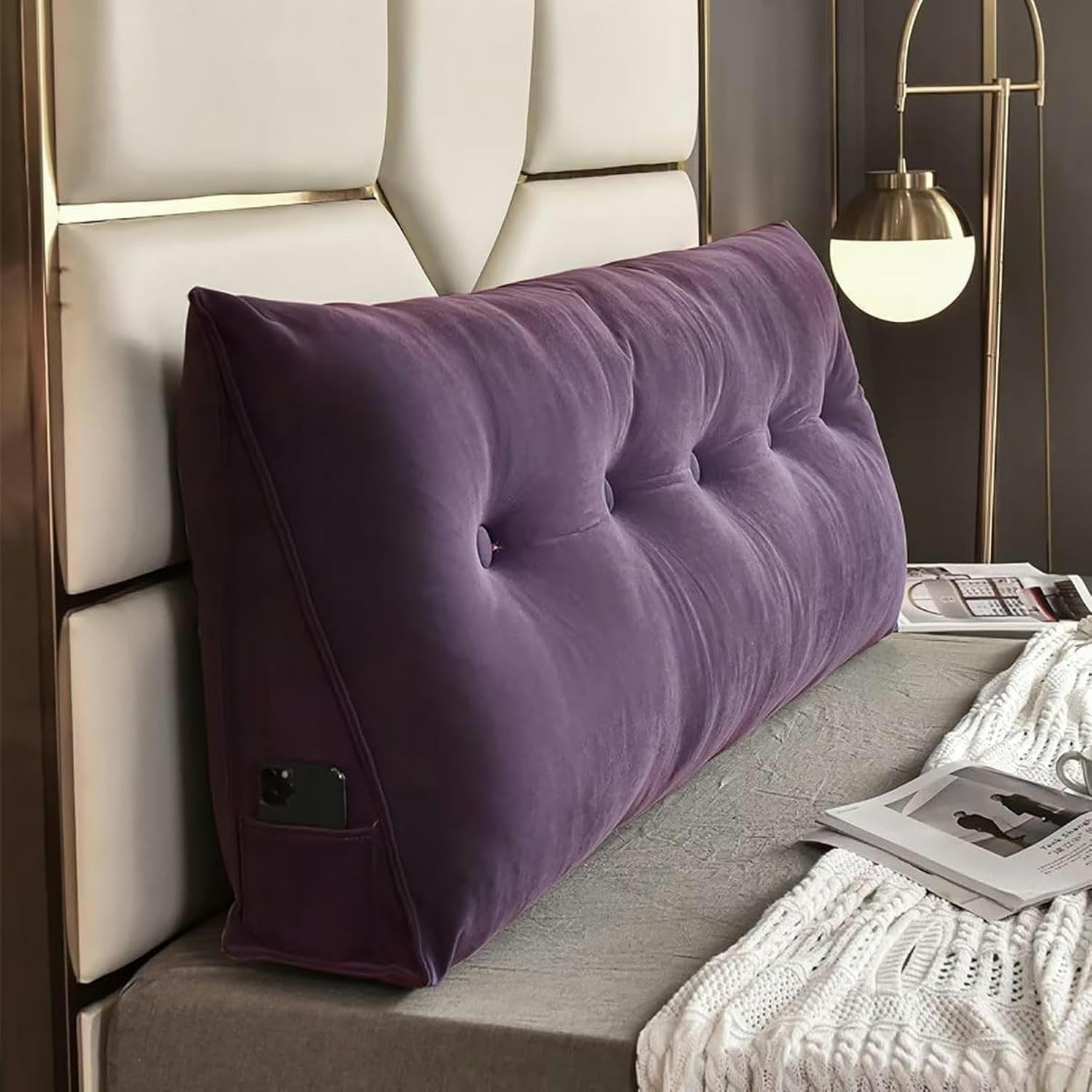 Wedge Headboard Pillow, Headboard Pillow, Headboard Backrest Wedge Pillow with Removable Cover Side Pockets, Dark Green Wedge Pillow(Purple,Twin-39x20x8in)