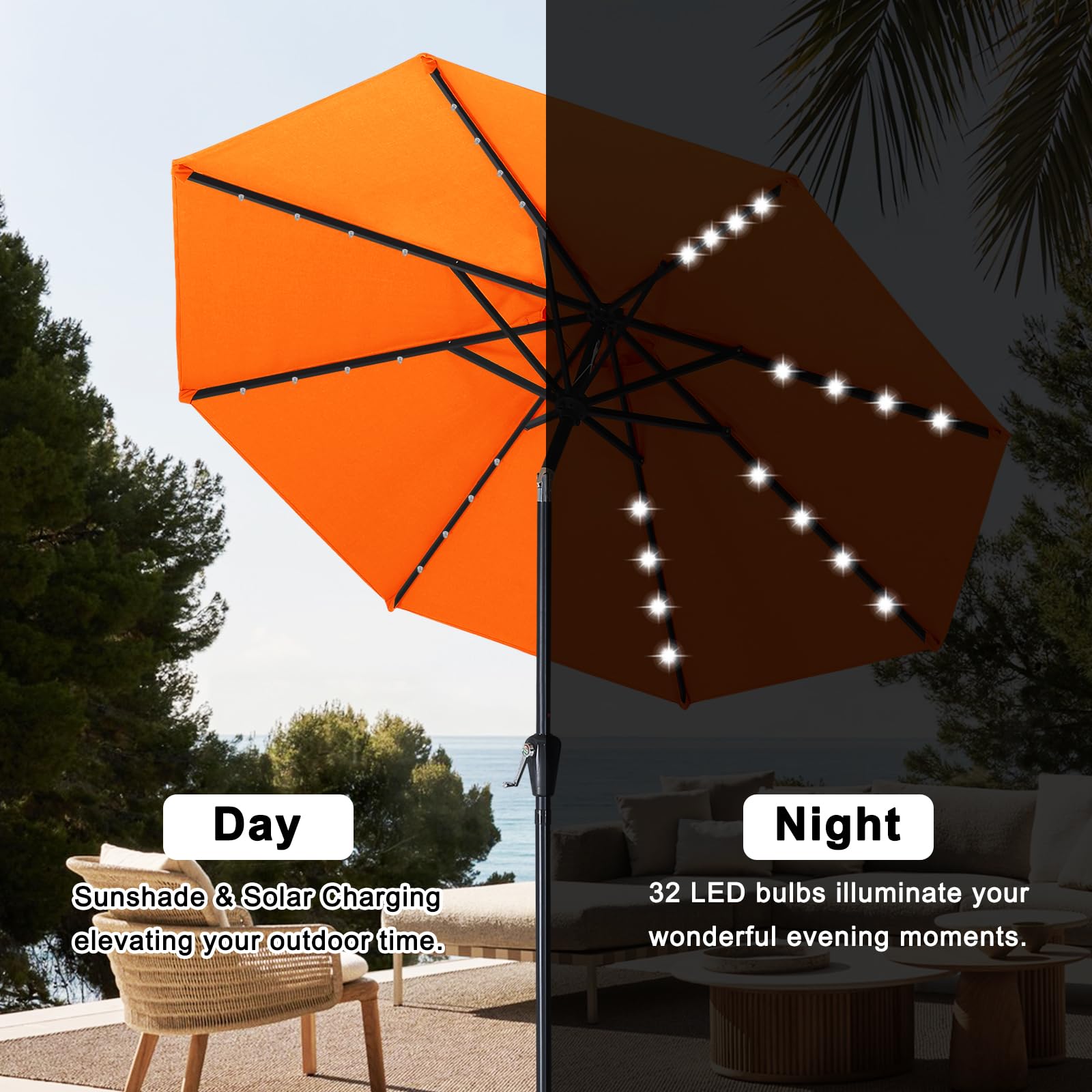 Parapluie De Patio Avec Lumière LED – 28 LEDs, 3 Modes, Minuterie – Fonctionne Sur Piles