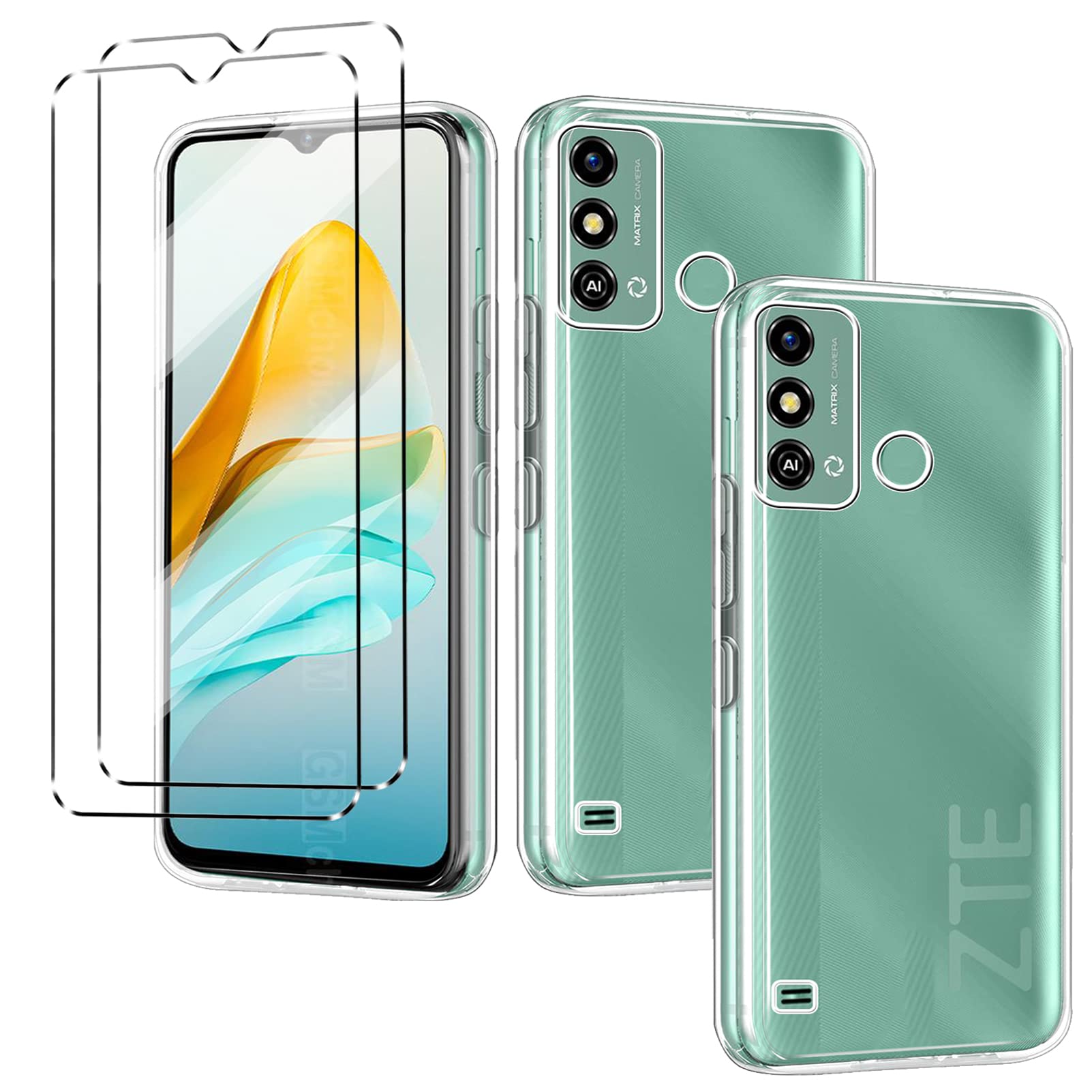 HuiYouMY Custodia per ZTE Blade A53 Cover + [2 Pezzi] Pellicola Protettiva in Vetro Temperato, Black Morbida Custodia Forte protezione Case Cover Silicone TPU Copertura (6.52)-Nero