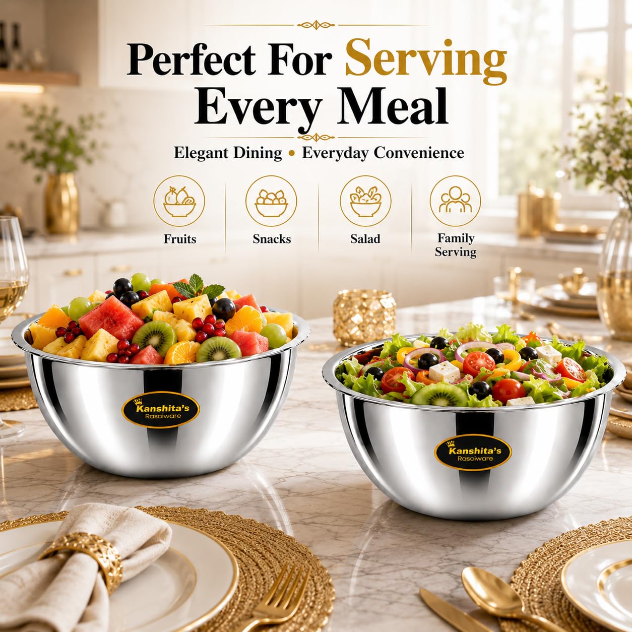 Kanshita's Rasoiware Premium Stainless Steel Mixing Bowl 4000 ml (25.5 cm) | Heavy Duty Food Grade Large Kitchen Bowl for Dough Mixing, Salad, Marinating & Everyday Serving 3