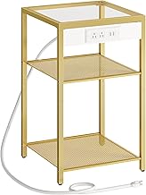 HOOBRO End Table with Charging Station, 3 Tier Slim Nightstand with Storage Shelf, Side Table with USB Ports & Power Outlets, Tempered Glass, Modern Style, for Living Room, Bedroom, Gold GD77UBZ01