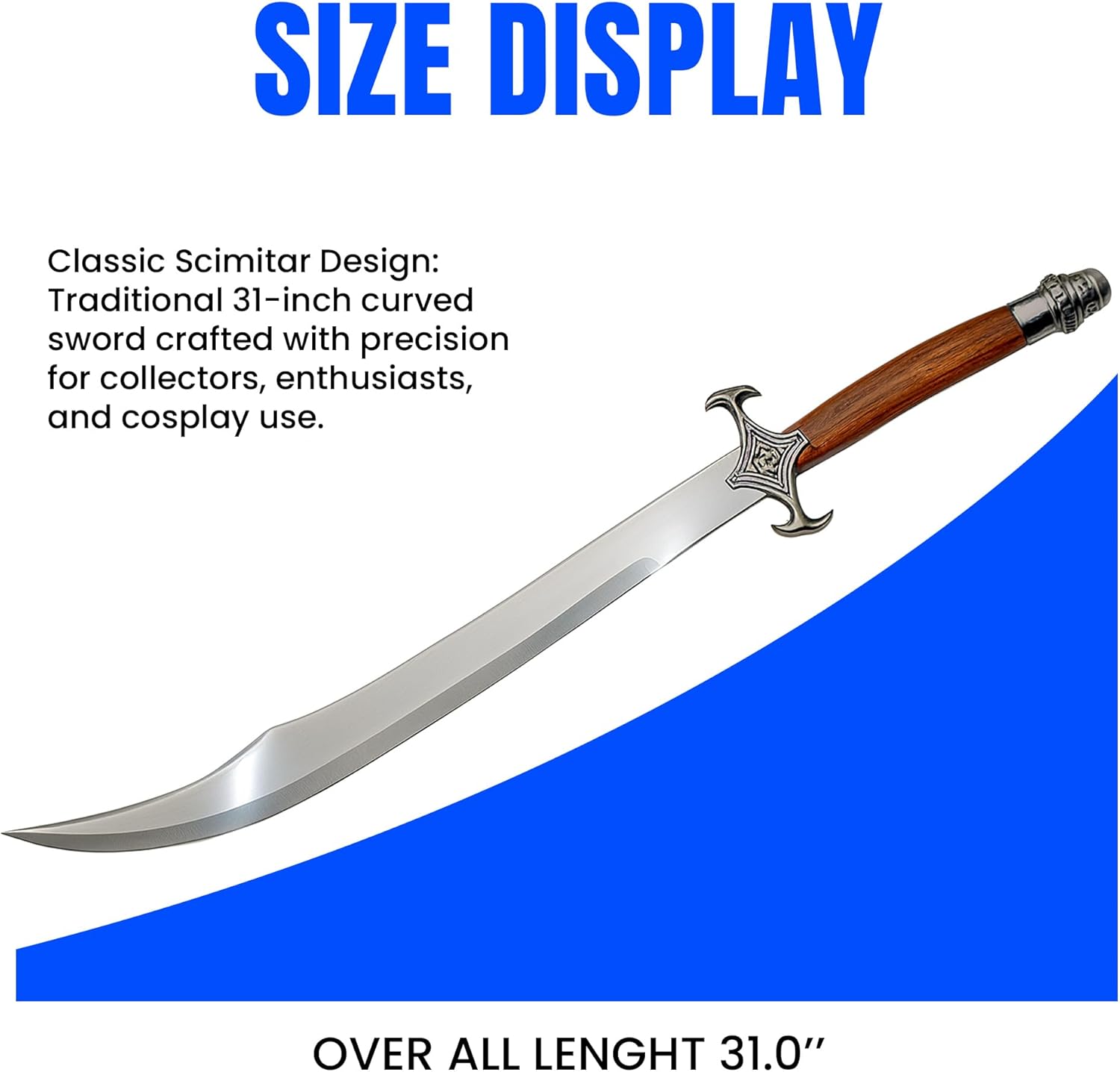 SZCO 31" Scimitar Sword – Stainless Steel Blade with Wood Handle, Metal Guard and Pommel, Includes Leather Sheath – Curved Arabian Sword for Display, Cosplay, and Collectors