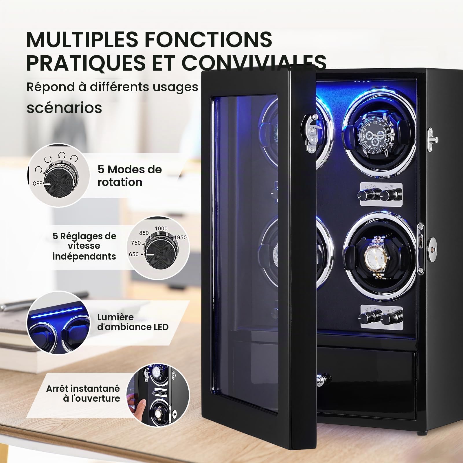VEVOR Remontoir de montre pour 4 montres automatiques pour homme et femme, avec 4 moteurs japonais Mabuchi super silencieux, lumière LED bleue et adaptateur, coque en carton haute densité et
