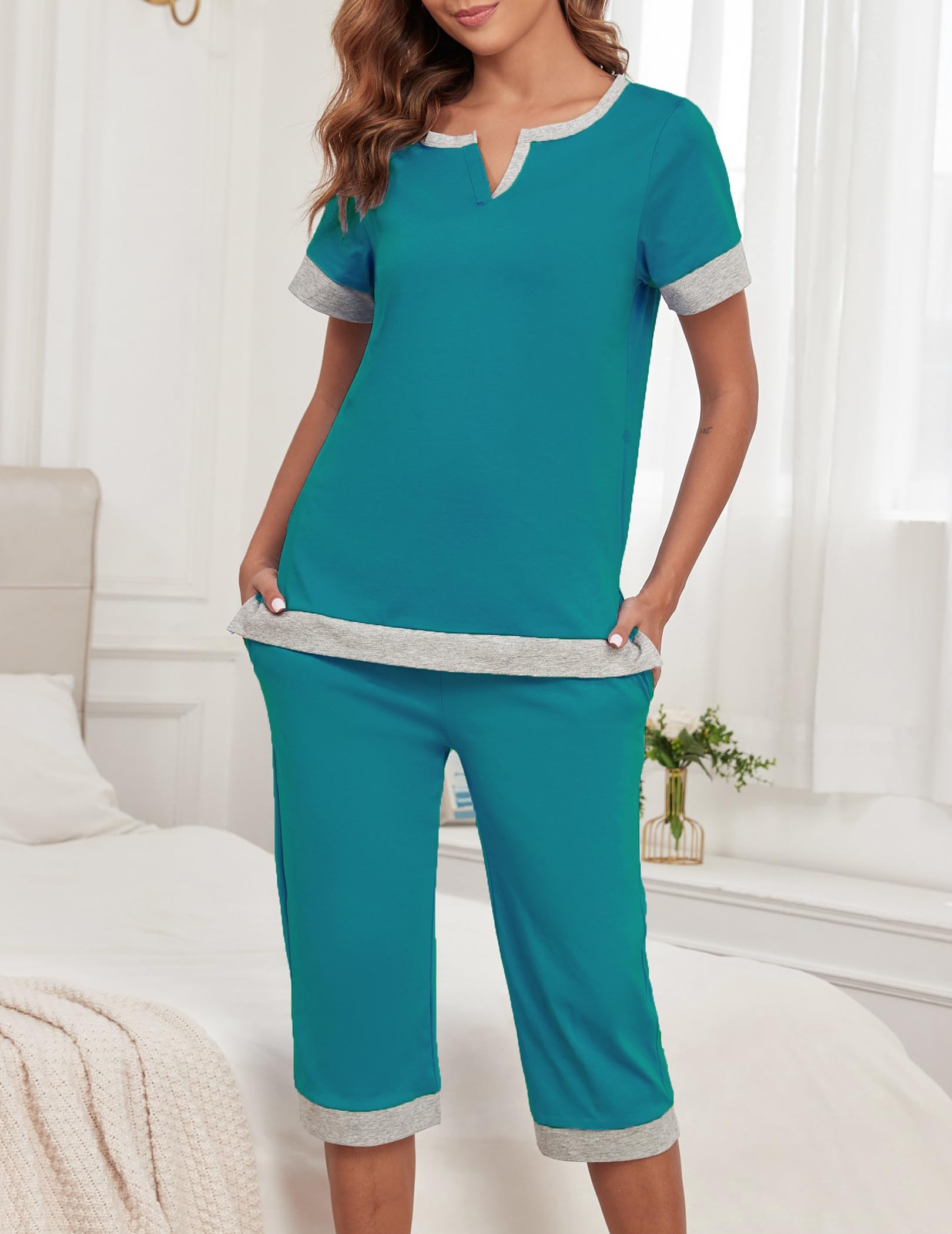 Viakeo Conjunto de pijama de algodón para mujer, parte superior suave y capris para verano, cómodo conjunto de pijama