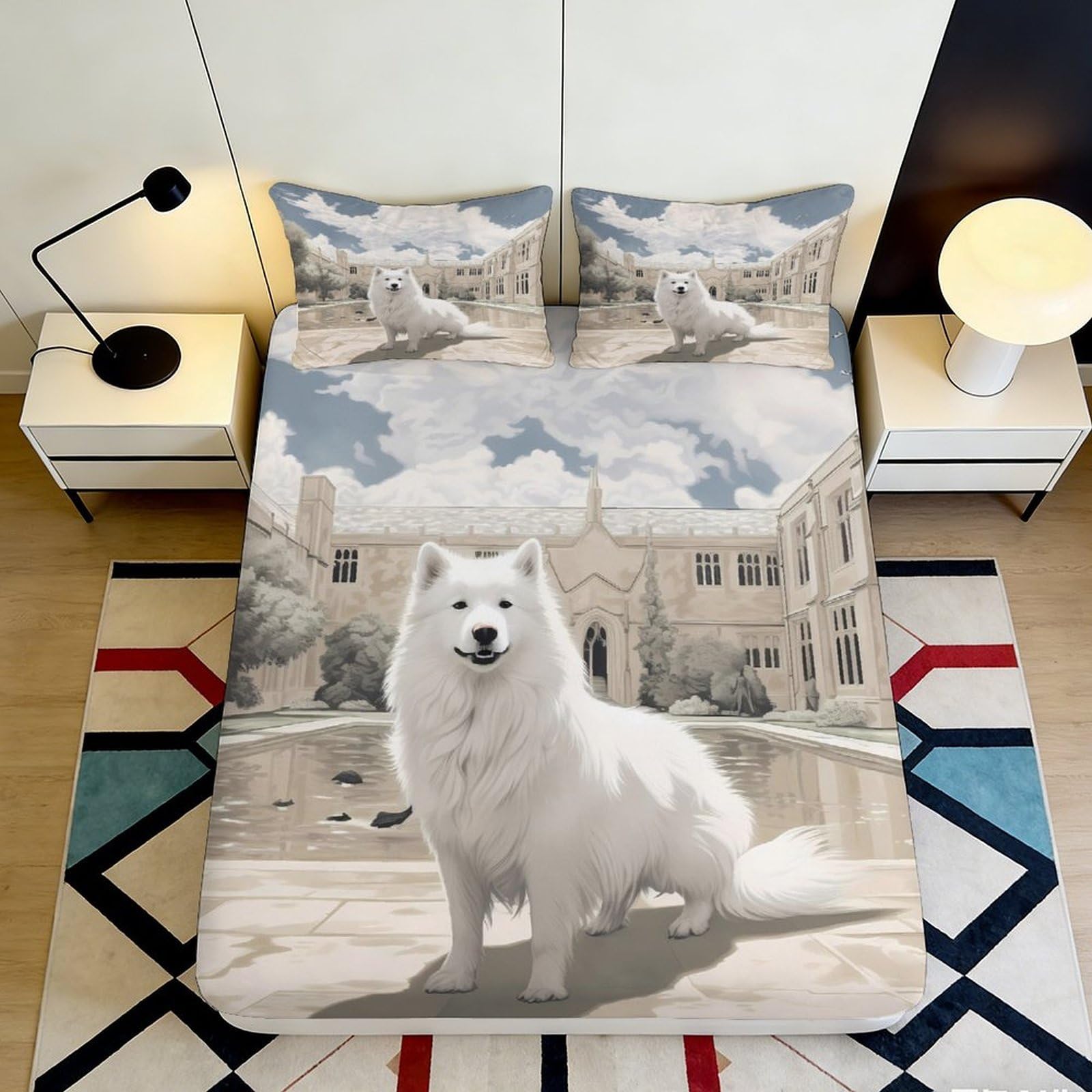Pnayamiorkfel Style-2 3D Printed White Samoyed Dog Fitted Sheet Microfiber Soft Animal Mansion Bed Cover For Bedroom Dorm Decor 90X200x25cm
