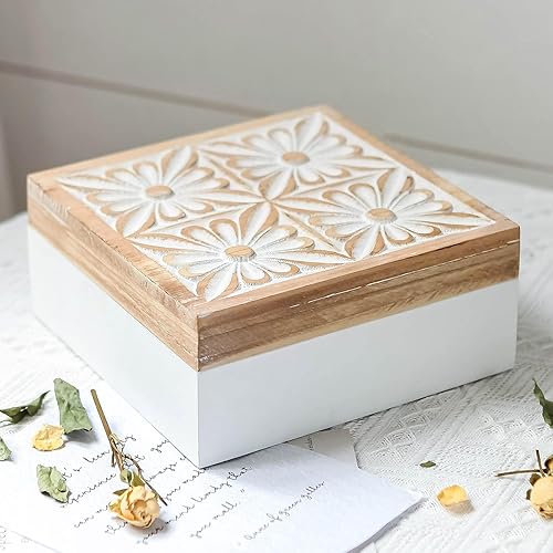 Pequeña caja decorativa con tapa, caja de almacenamiento de recuerdos de madera, flor tallada, hecha a mano, joyero rústico para baratijas,