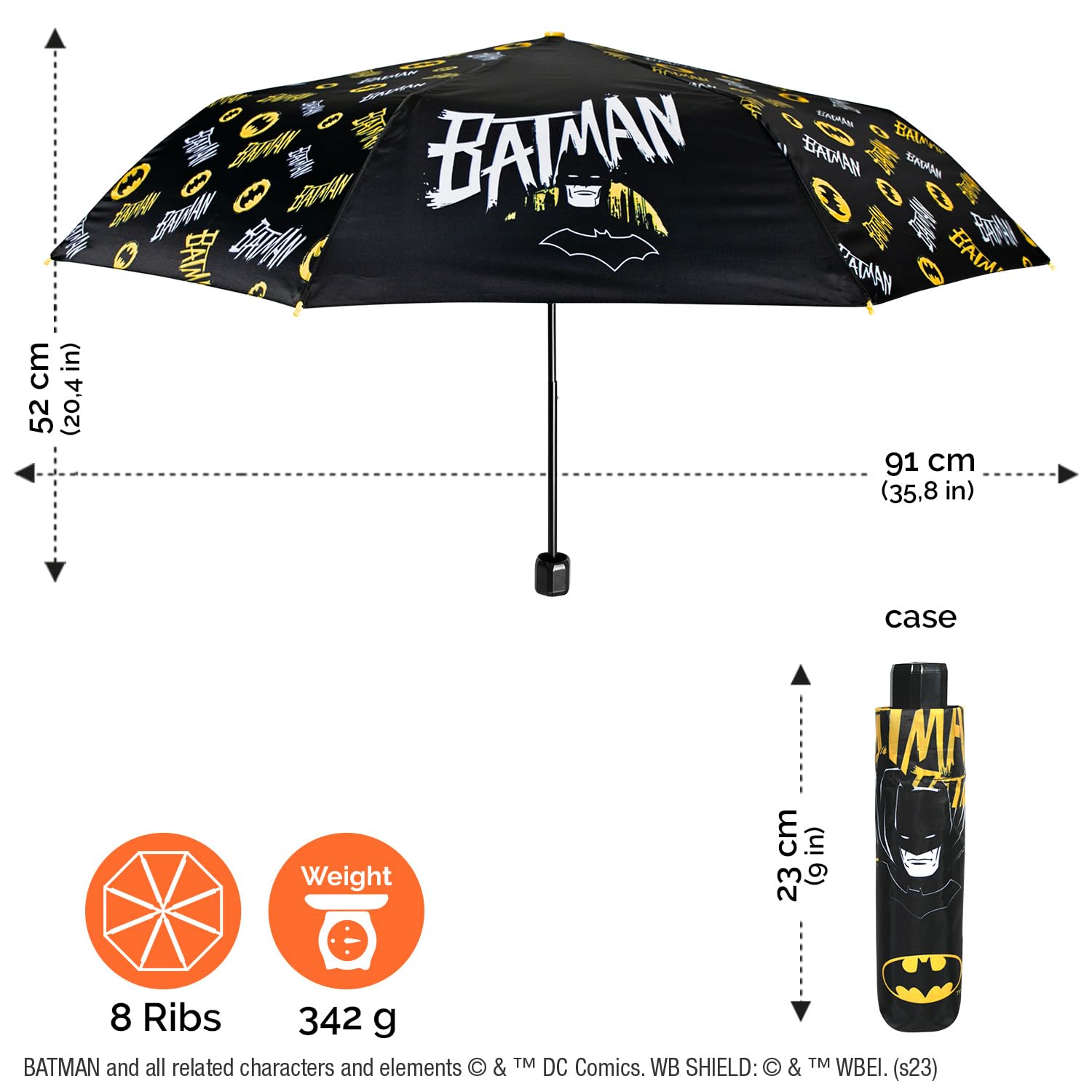 PERLETTI Batman Kompaktowa Parasolka dla Dzieci Solidny Czarny Biały Żółty - Mini Parasol Składany Wiatroodporny Podróżny Kieszonkowy Odporny do Szkoła - Manualny System Otwierania - Średnica 91 cm