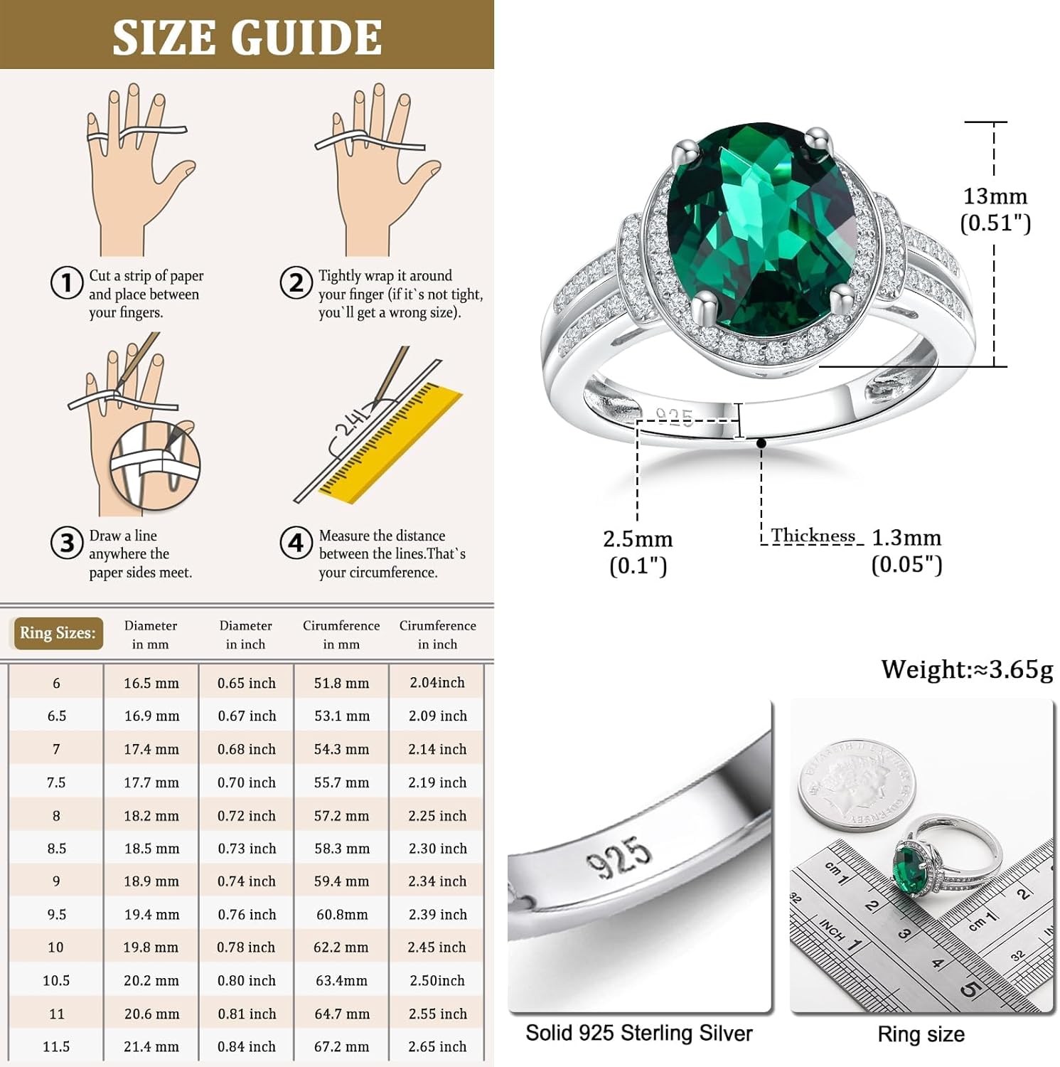 Emerald/Sapphire/Ruby/Tourmaline Rings for Women, 925 Sterling Silver Gemstone Engagement Anniversary Ring Big 6.5-8.5 Carat Birthstone Ring, Size 6 to 10 (Send Gift Box) - Image 6