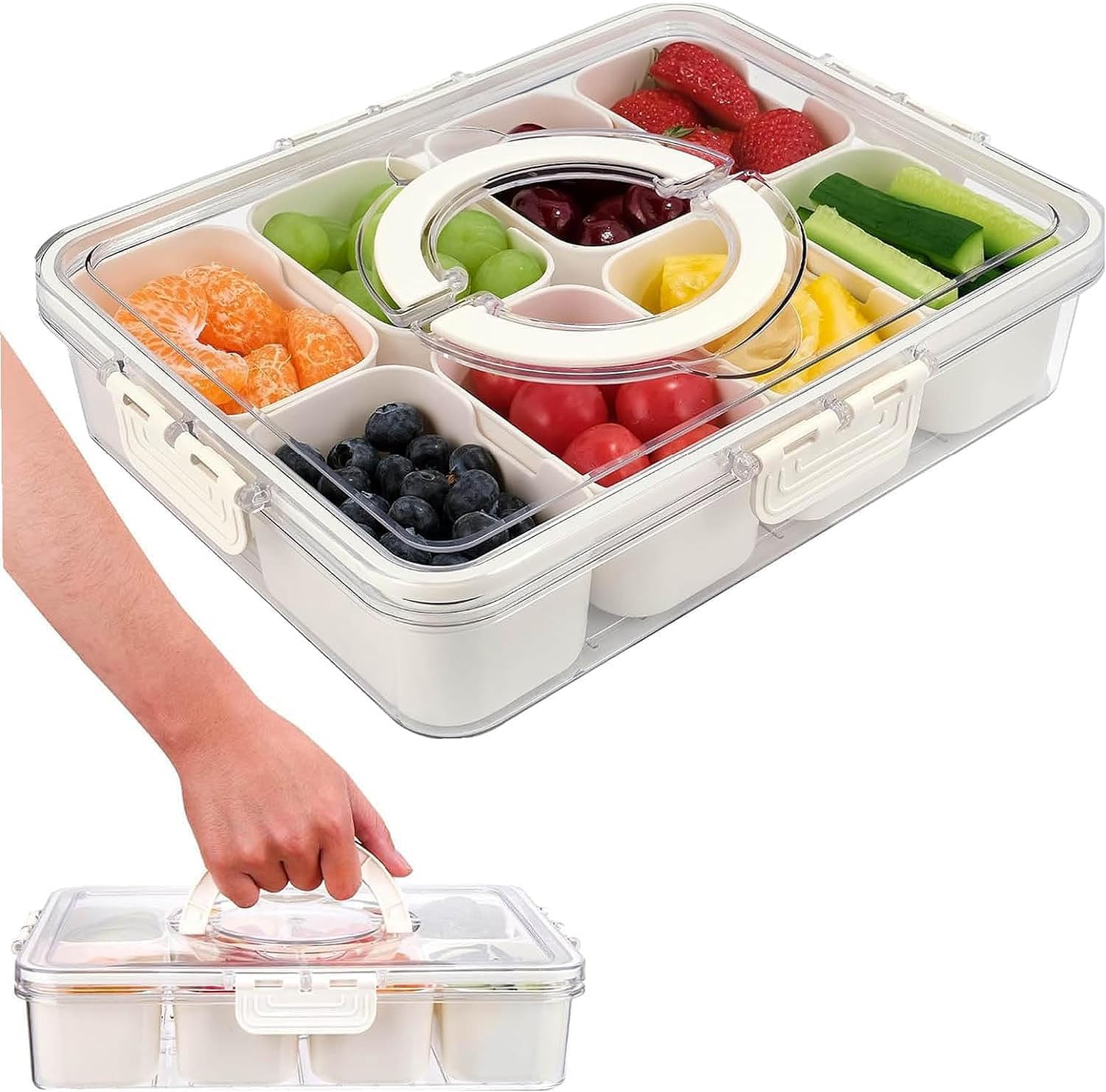 Snack Box Divided Serving Tray with Lid & Handle, 8-Compartment Square Container for Vegetables, Fruits, Snacks Organization & Storage (Pack of 1 | Multicolor)-image-20