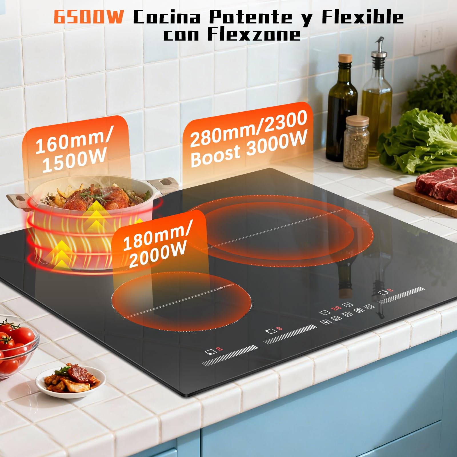 Placa inducción 3 Fuegos 6500w, 60cm, Vitroceramica Induccion Empotrable de Función Boost, con 9 Niveles de Potencia, Temporizador, Función de Pausa, Bloqueo de Seguridad, Encimera Induccion 220V~240V