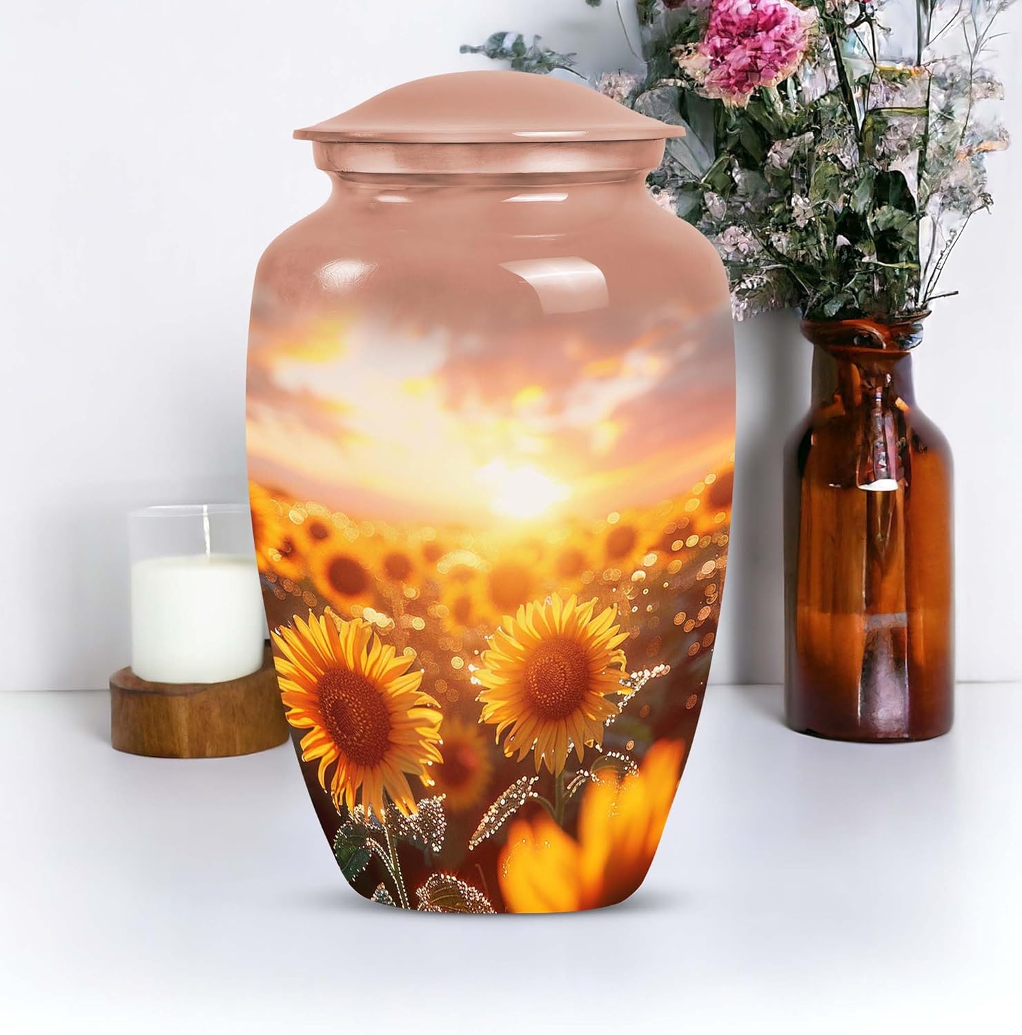 Sunflower Twilight - Large with Velvet Bag - Urn for Human Ashes for Adult Male & Female - Memorial for Human Remains Mom & Dad - Cremation Urn for Adult Men & Women - Funeral Decorative Urns