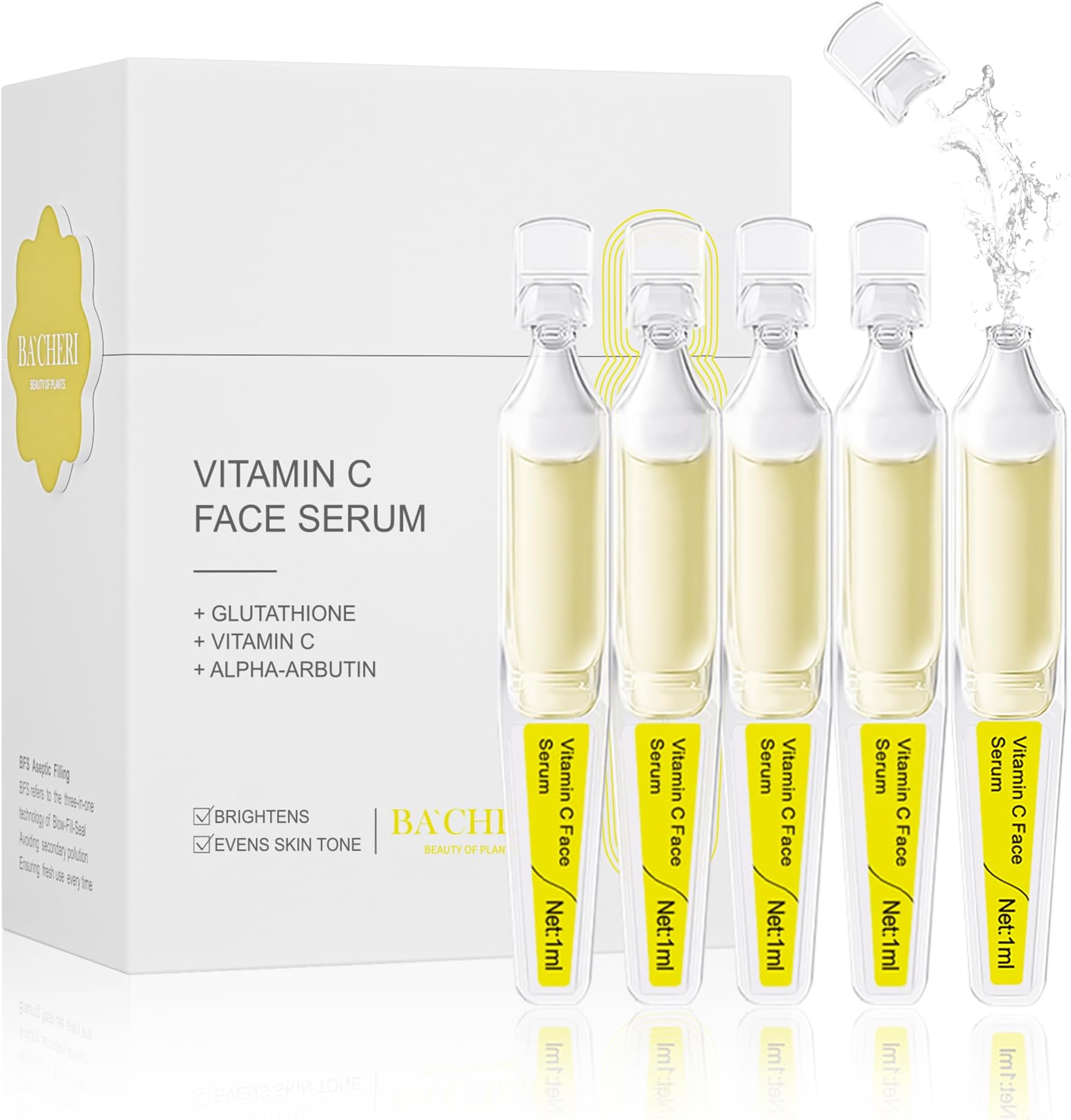 Vitamin C Face Serum with Glutathione, 4D Hyaluronic Acid & Aloe Vera โ Lightweight Brightening & Hydrating Ampoule for Daily Skincare, Dark Spots, Sensitive Skin Friendly - 15 Ampoules (1ml each)