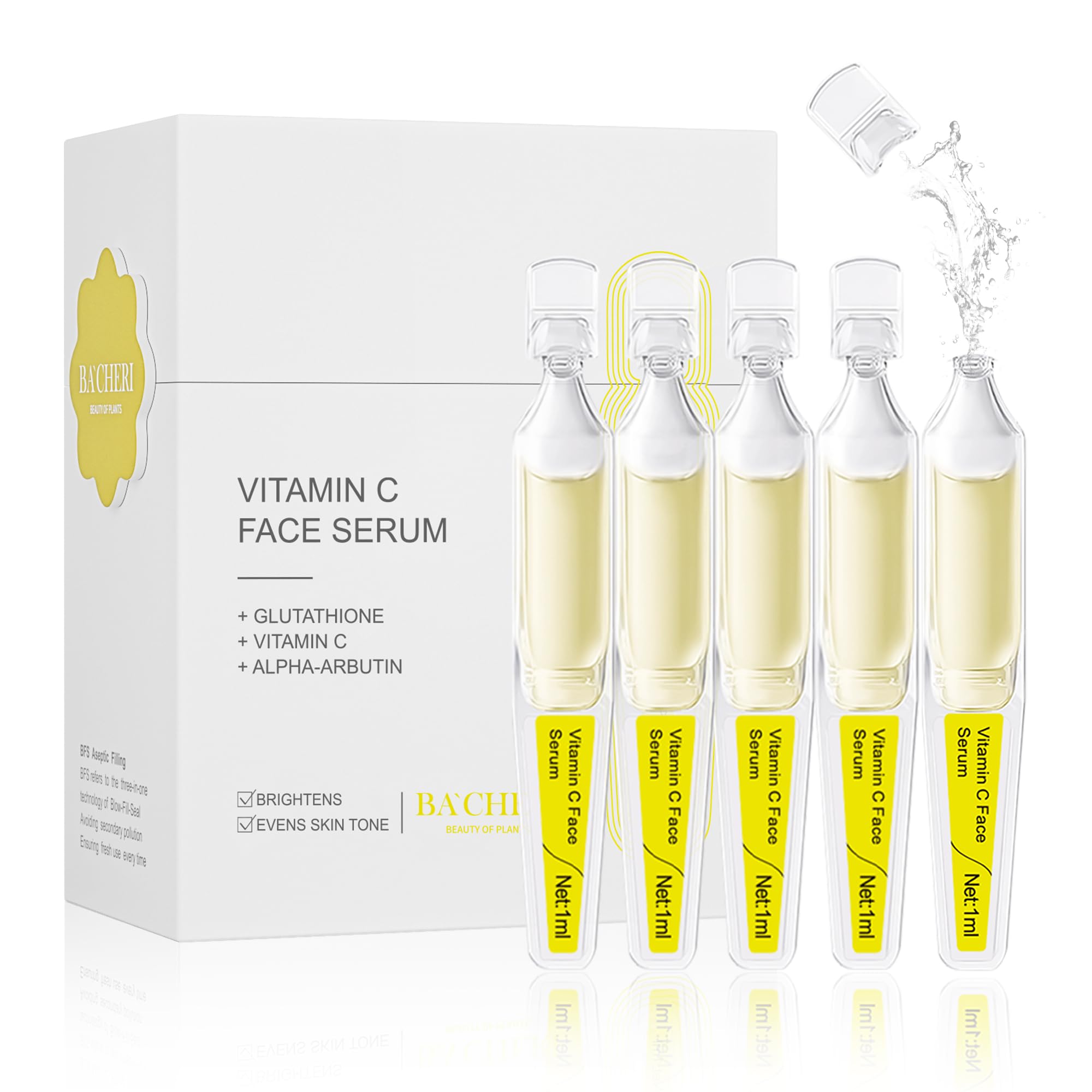Vitamin C Face Serum with Glutathione, 4D Hyaluronic Acid & Aloe Vera – Lightweight Brightening & Hydrating Ampoule for Daily Skincare, Dark Spots, Sensitive Skin Friendly - 15 Ampoules (1ml each)