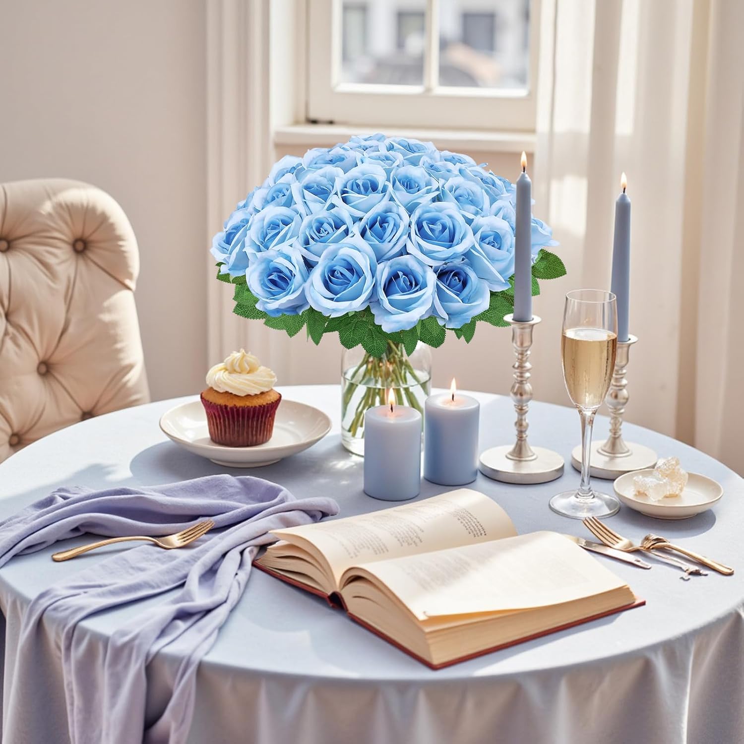 36 Pcs Sky Blue Artificial Roses with Long Stems, Blue Fake Silk Rose Artificial Flowers Bulk for Bridal Wedding Bouquet Centerpiece Ball Arrangement Party Decor - Image 4