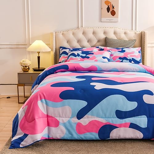 Miniatura 3 de Meeting Story Juego de ropa de cama de camuflaje, juego de edredón de camuflaje tamaño Queen con patrón colorido, 3 piezas, 1 edredón y 2 fundas de