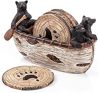 CabinObsession Bear Coasters Set of 6: Handmade Rustic Canoe with Black Bear Figurines | Full-Size Log Cabin Lodge Home Decor