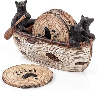 CabinObsession Bear Coasters Set of 6: Handmade Rustic Canoe with Black Bear Figurines | Full-Size Log Cabin Lodge Home Decor