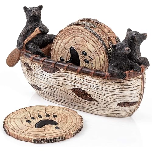 Bear Coasters Set of 6 Full Size Rustic Coasters in Handmade Canoe with Adorable Black Bear Figurines | Black Bear Log Cabin Decorations, Rustic Lodge Decor for The Home