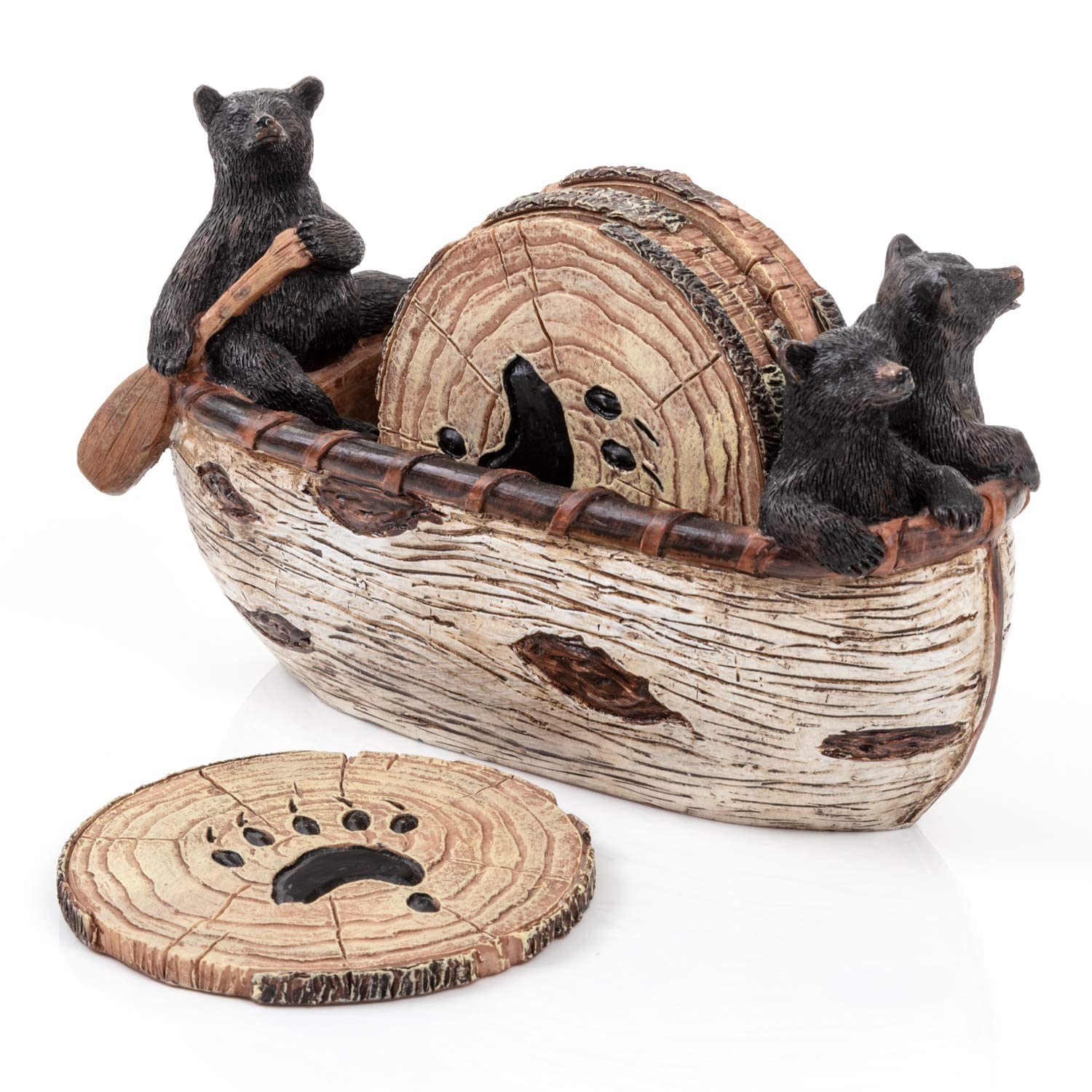 Bear Coasters Set of 6 Full Size Rustic Coasters in Handmade Canoe with Adorable Black Bear Figurines Black