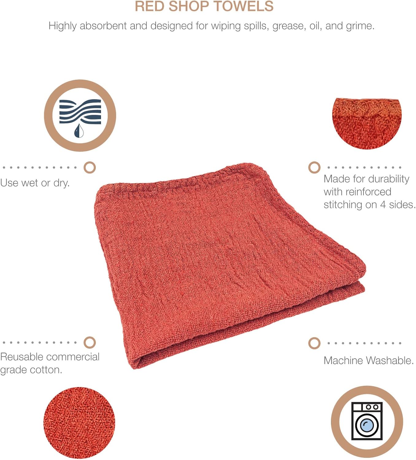 Detailer's Preference Absorbent Cotton Shop Towels, Reusable Cleaning Rags for Auto, Garage, Home, Kitchen, Industrial Use, Wipe Spills, Grease, Oil, Grime, Dirt & More, 11x12, 50-Pack, Red