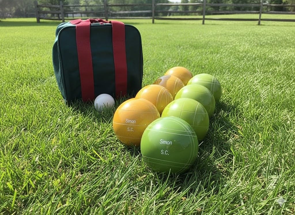 BuyBocceBalls Listing - Made in USA, Premium Quality Engraved Tournament Bocce Set - 110mm Gold and Lime Green Balls, Nylon Bag, 998 Grams (2 lbs. 3.2 oz.). Various Bag Colors