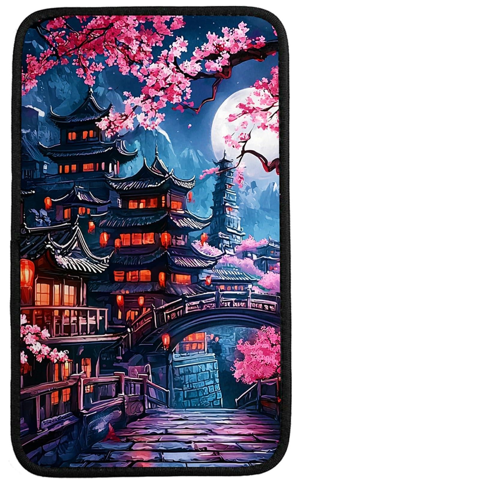 Universal Auto Center Console Pad and 2Pcs Car Coasters Set, Anti Slip Soft Neoprene Car Armrest Seat Box Cover Protector for Most Vehicle - Car Interior Accessories, Cherry Blossom House