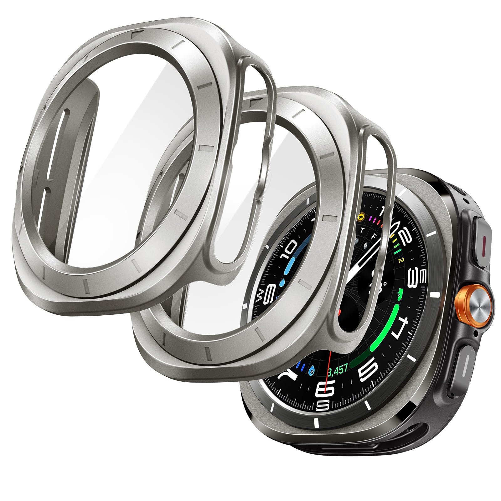 JETech Hülle mit Schutzfolie für Samsung Galaxy Watch Ultra (2025/2024) 47mm, Gesamt Schutzhülle, Eingebaut Gehärteter Glas Displayschutz Hohe Empfindlichkeit, 2 Stück (Titan Natur)