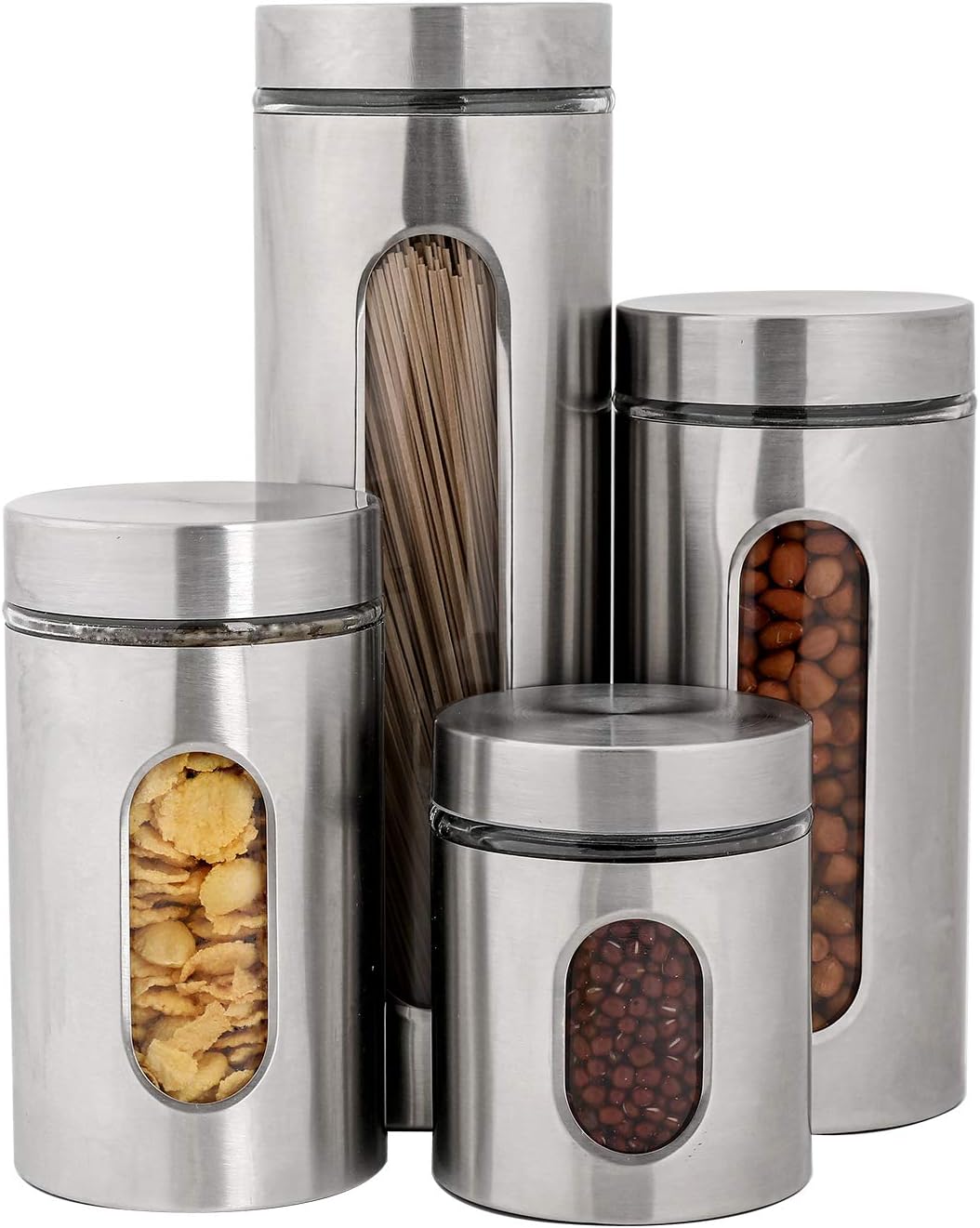 PENGKE Canisters Set,4 Piece Silver Stainless Steel Canister Set with Glass Windows,Perfect for Kitchen Canning Cereal,Pasta,Sugar,Beans,Spice