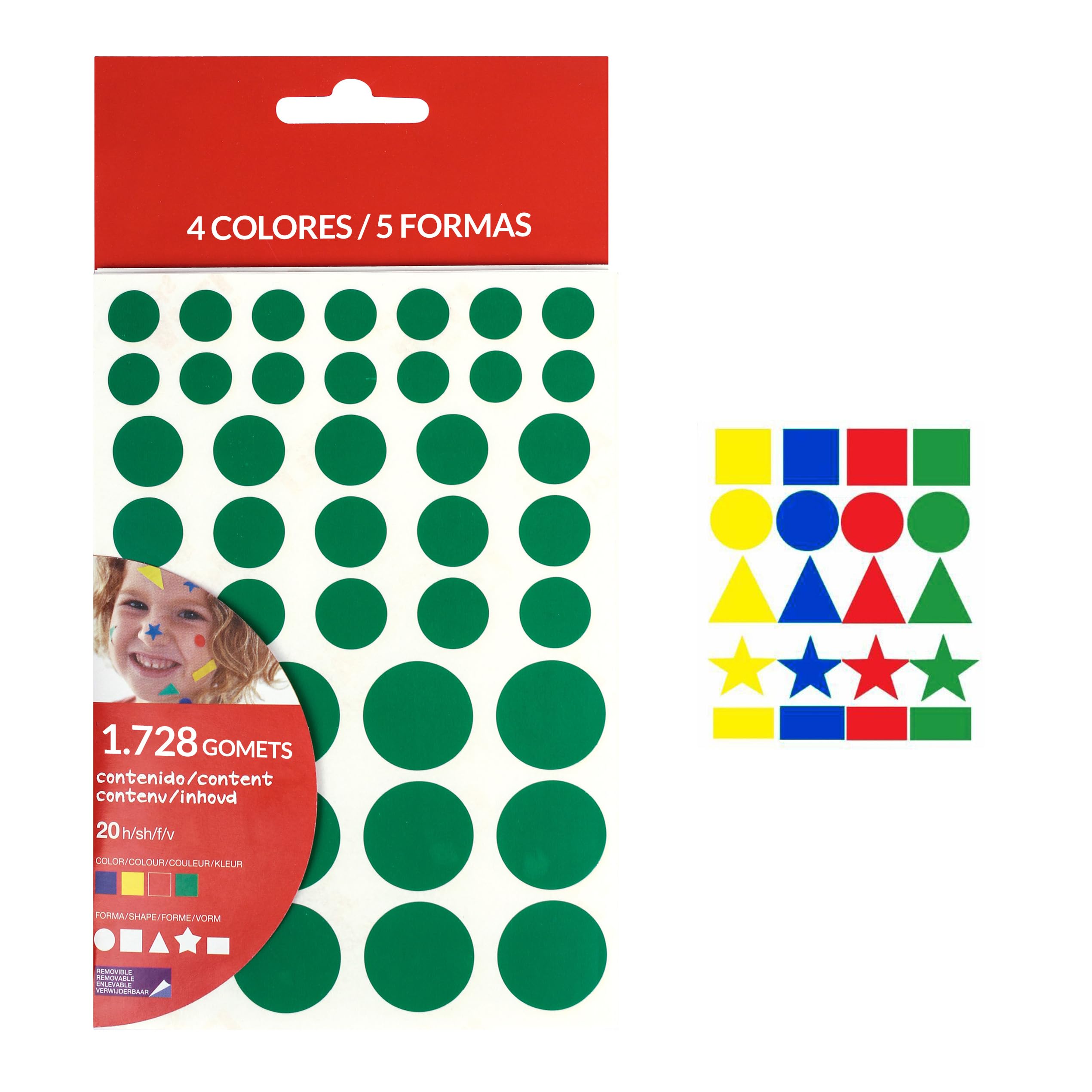 Gomets 5 formas - 1728 Unidades en 40 Hojas - 4 colores: Azul, Amarillo, Rojo y verde - Circulo, cuadrado, rectángulo, triángulo y estrella - Desarrollo de Habilidades y Creatividad
