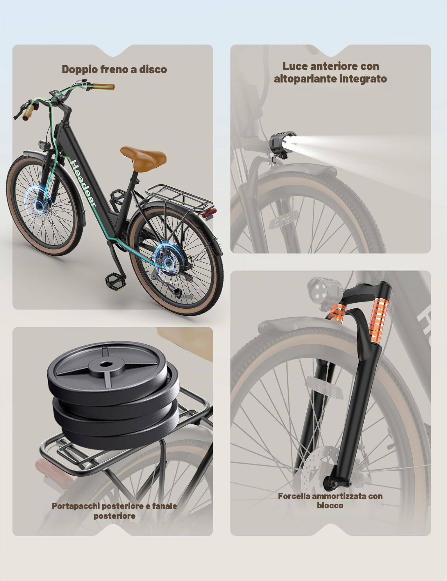 HEADEER BD26195 Bici Elettrica Per Adulti Da 26", Batteria Rimovibile 48V 11.5Ah, Autonomia 80KM (PAS), Bicicletta Elettrica Donna con 7 Velocità, Display a Colori & Forcella Ammortizzata con Blocco