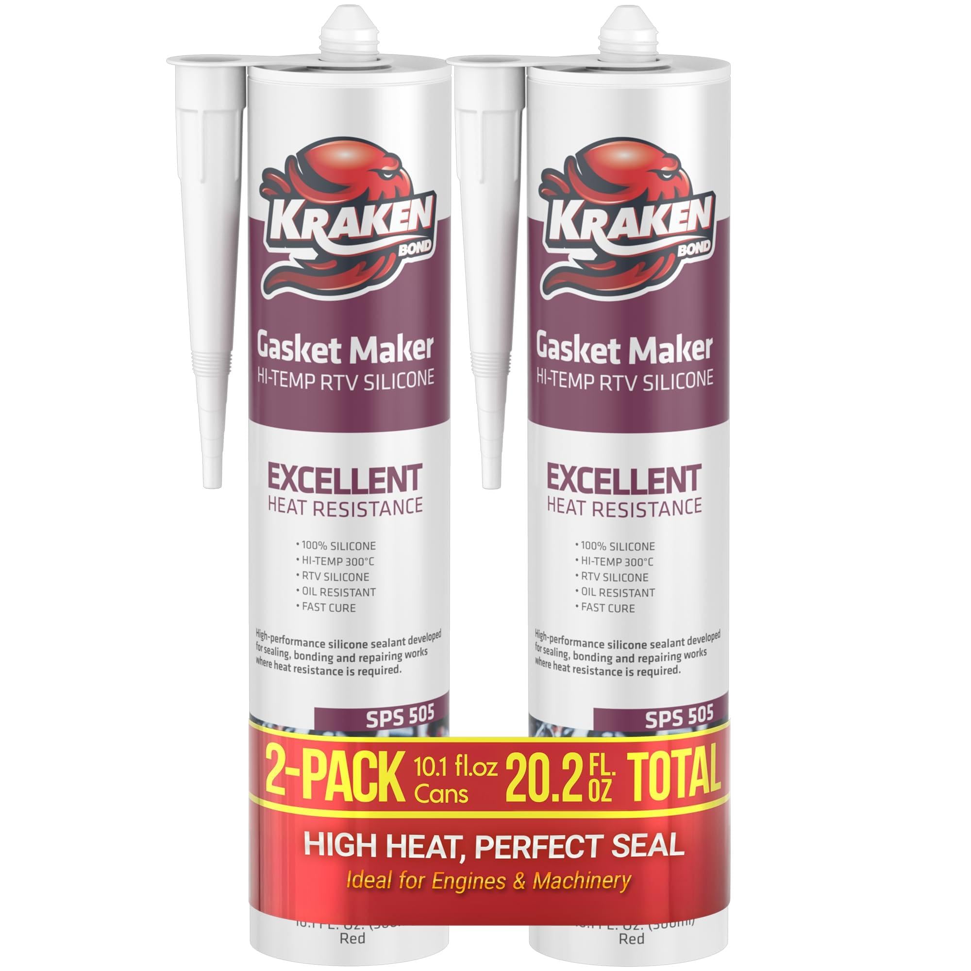 Kraken Bond Red RTV Silicone Gasket Maker - (2x10.1 fl.oz) High Temp Silicone Sealant for Automotive, Heat Resistant Up to 600F, Oil Resistant