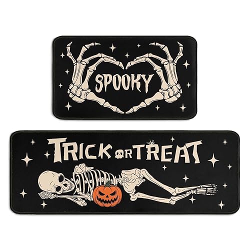 2 Piece Halloween Kitchen Decor Rugs Set,Skeleton Kitchen Rugs and