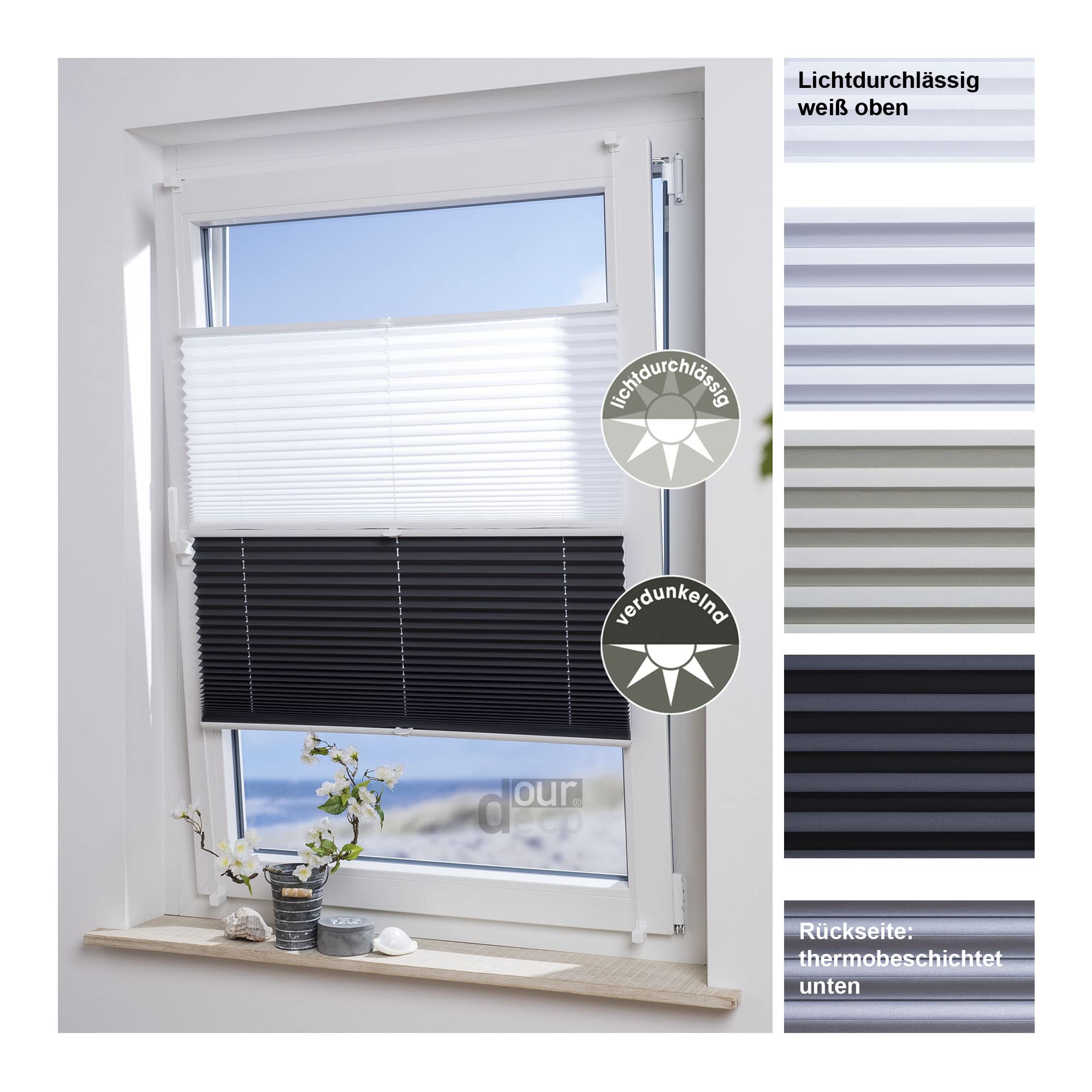 Kombi Doppel-Plissee / 90 x 130 cm weiß/anthrazit/lichtdurchlässig, Blickdicht, verdunkelnd/Farben: Weiß-Weiß, Beige-Weiß, weiß-anthrazit